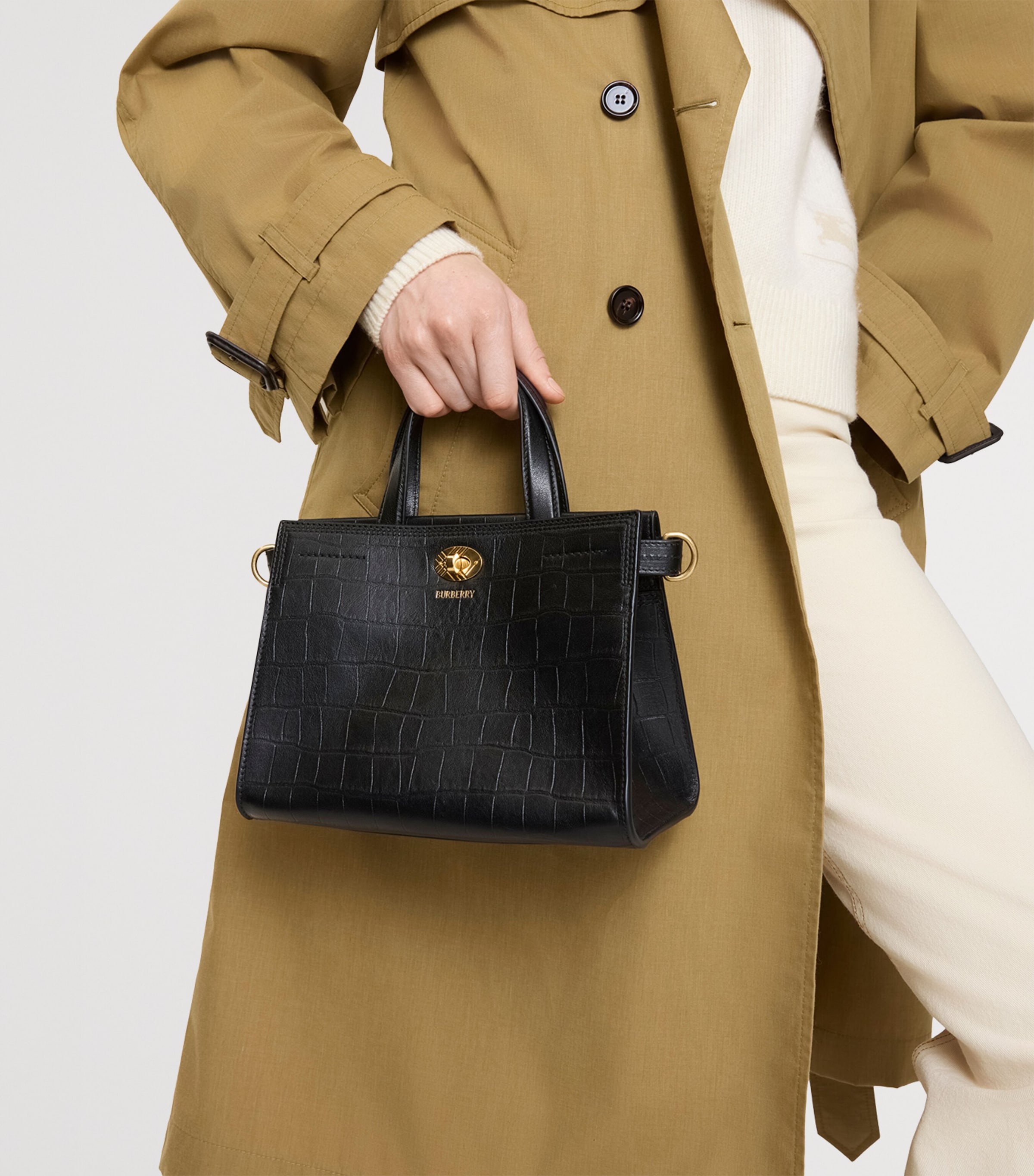 Burberry Mini Leather Croc-Embossed Cotswolds Tote Bag Black Image 6