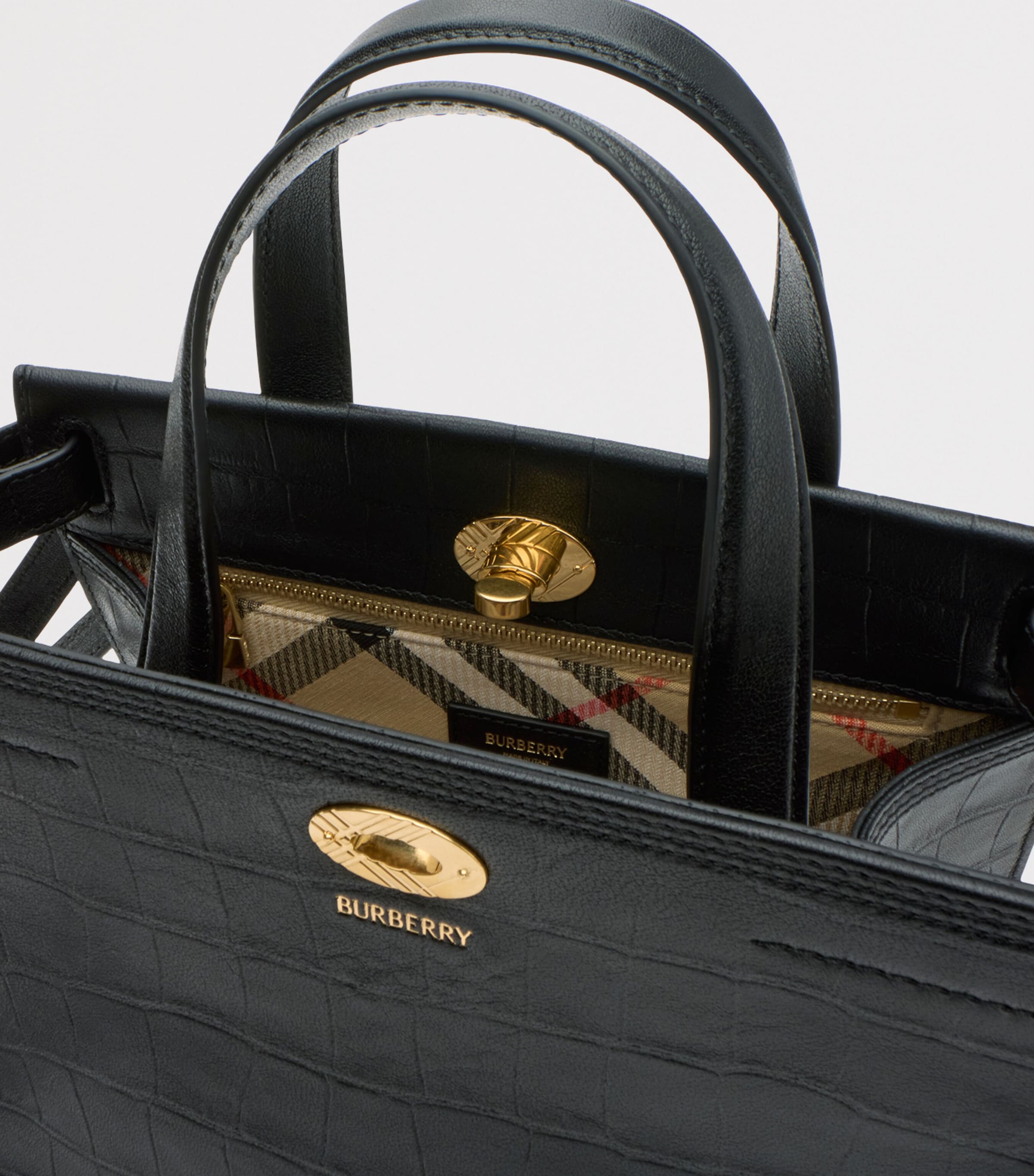 Burberry Mini Leather Croc-Embossed Cotswolds Tote Bag Black Image 5