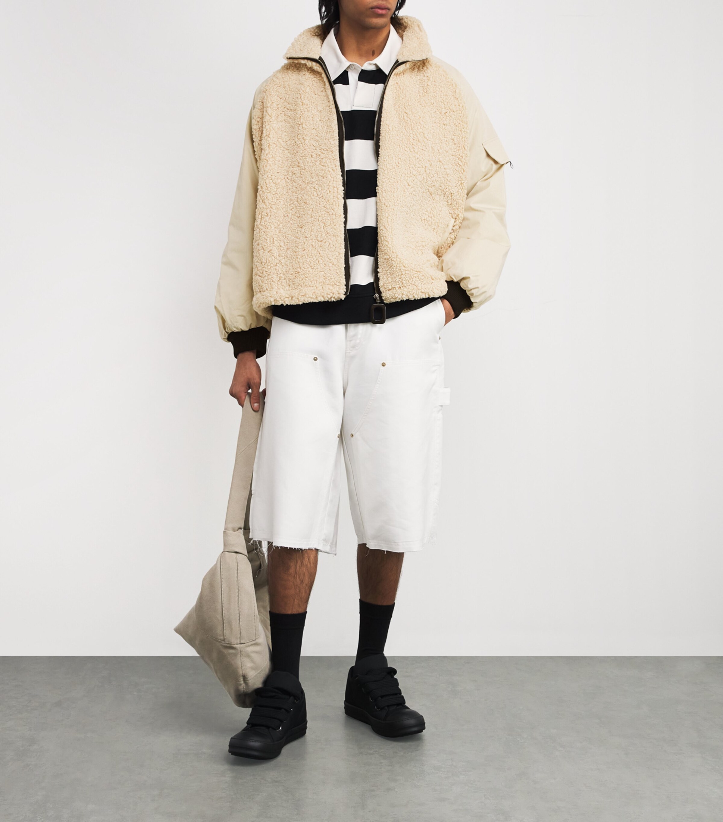 JW Anderson Mens Bouclé Panelled Bomber Jacket Beige Image 2