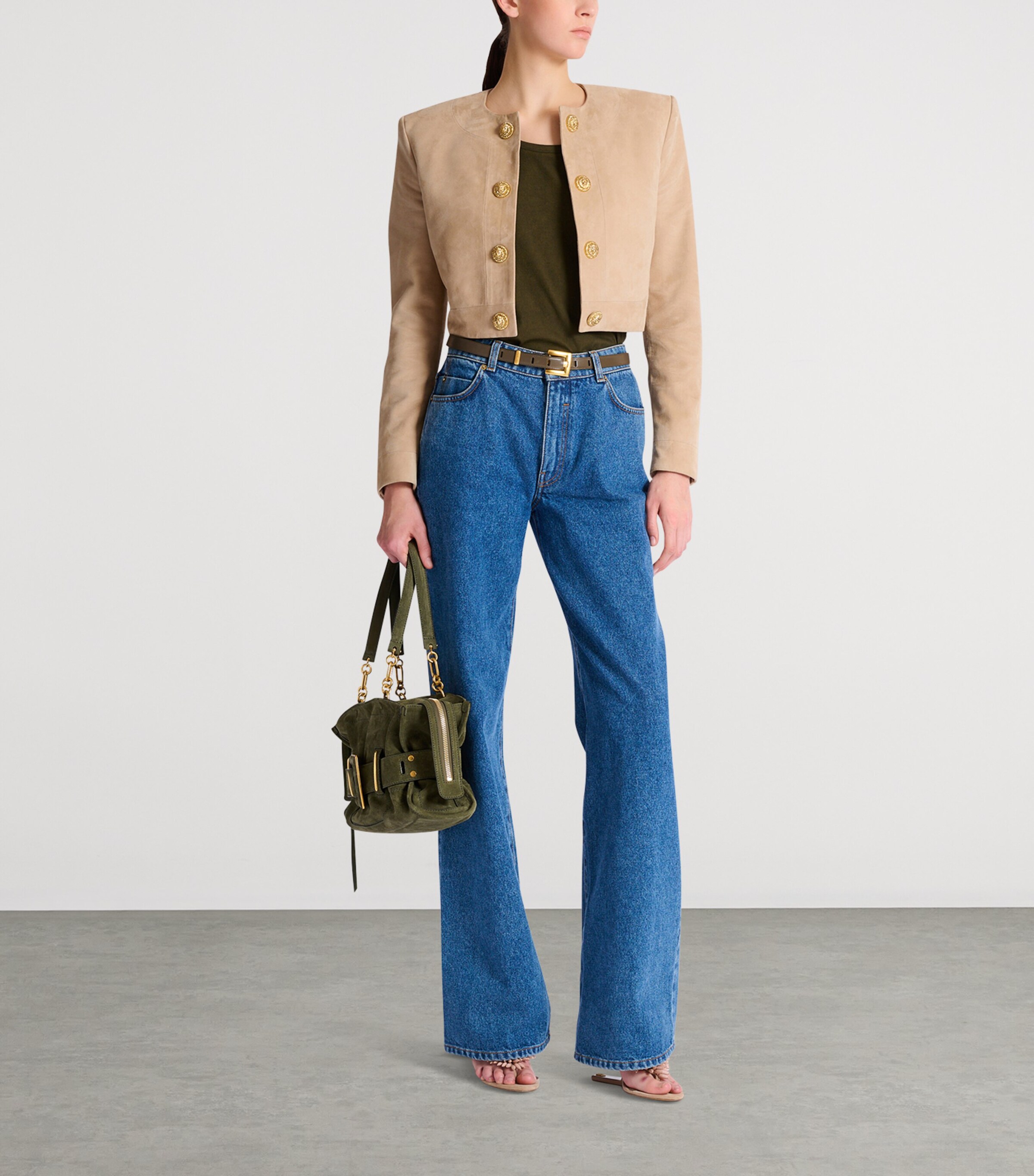 Balmain Womens Suede Cropped Jacket Sable Image 8