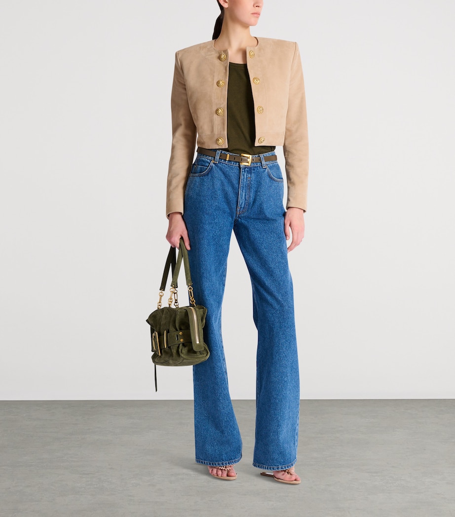 Balmain Womens Suede Cropped Jacket Sable Image 8