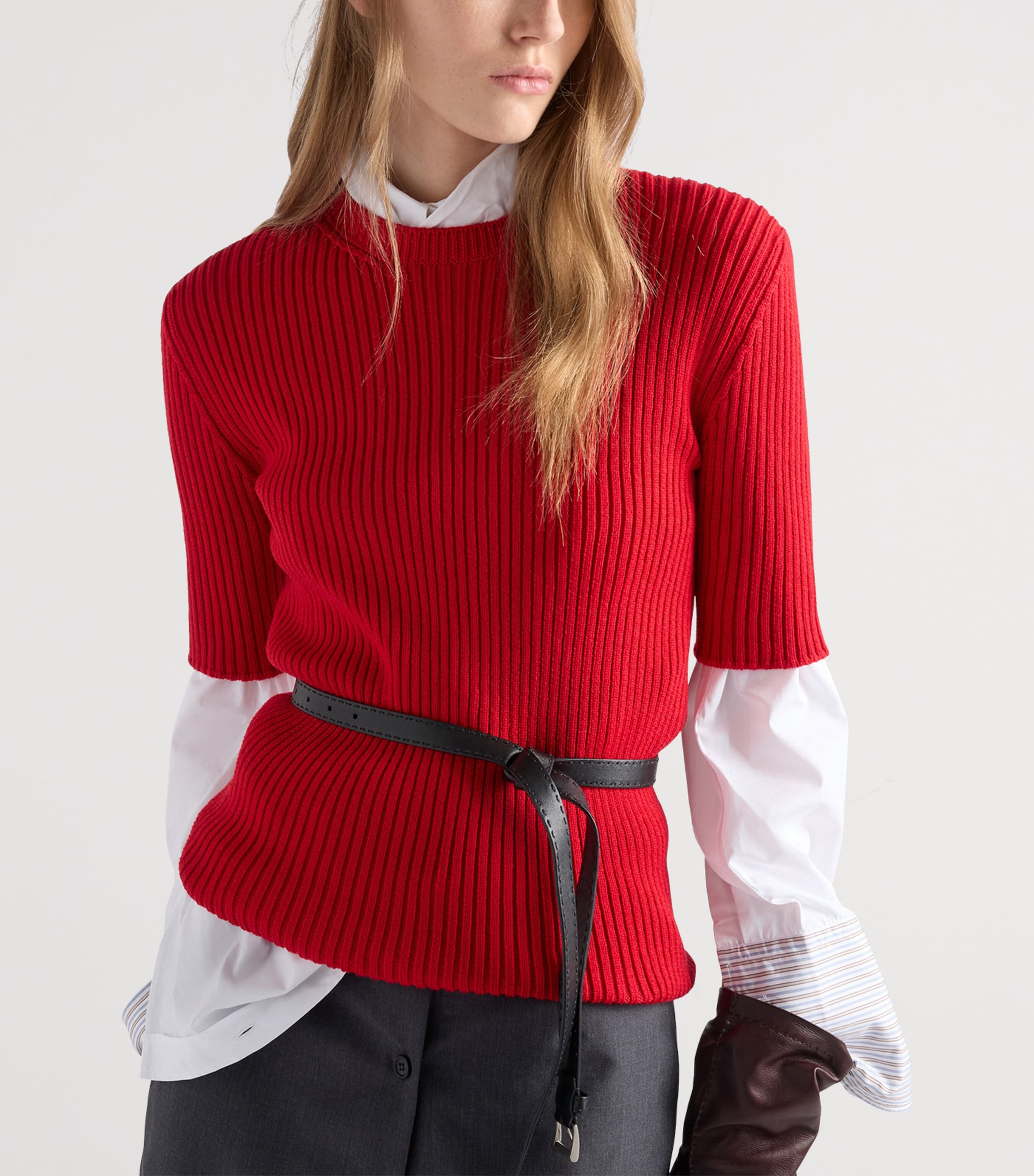 Prada Womens Wool Ribbed Short-Sleeve Sweater Red Image 3