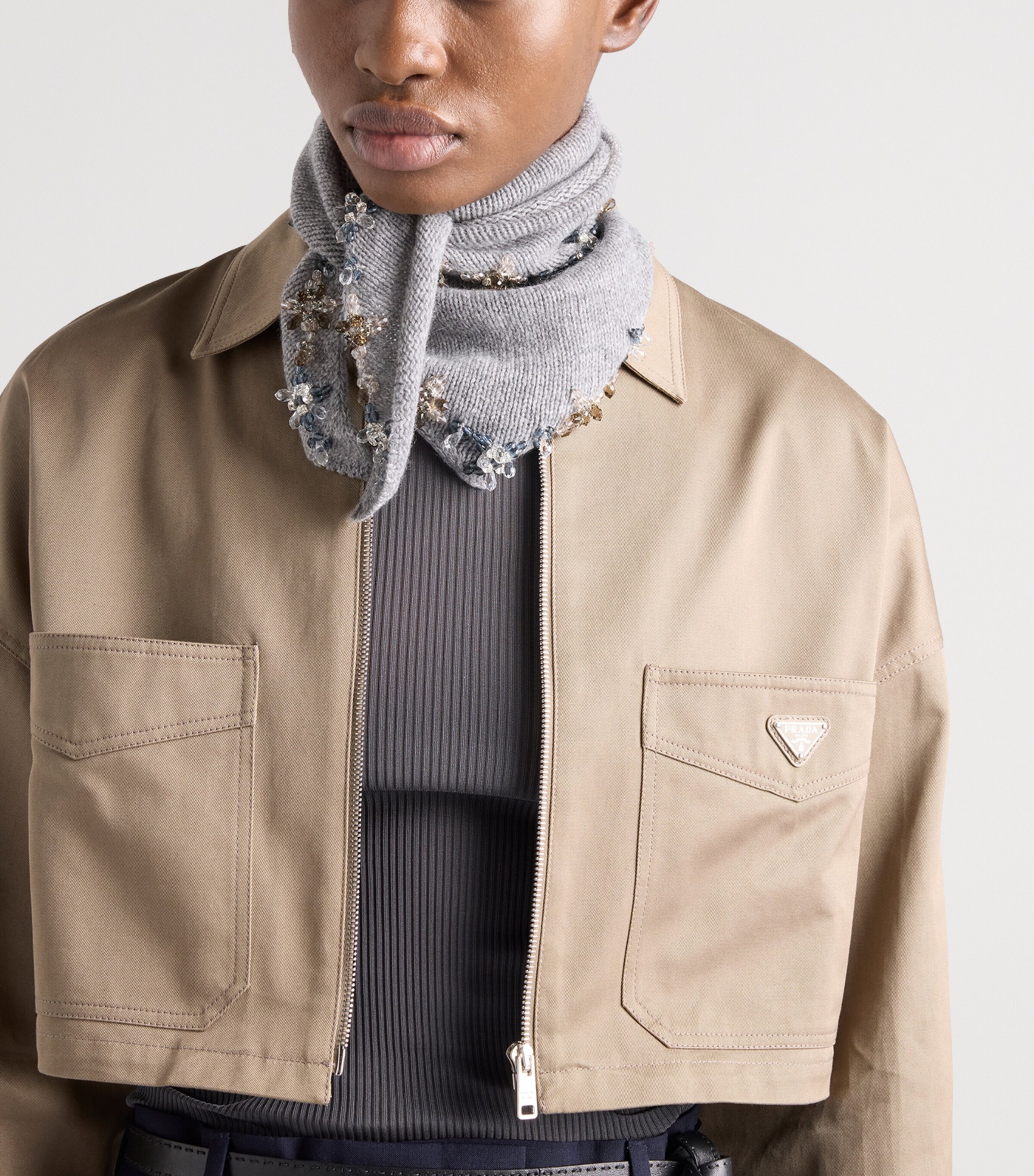 Prada Womens Cotton Cropped Blouson Jacket Grey Image 4