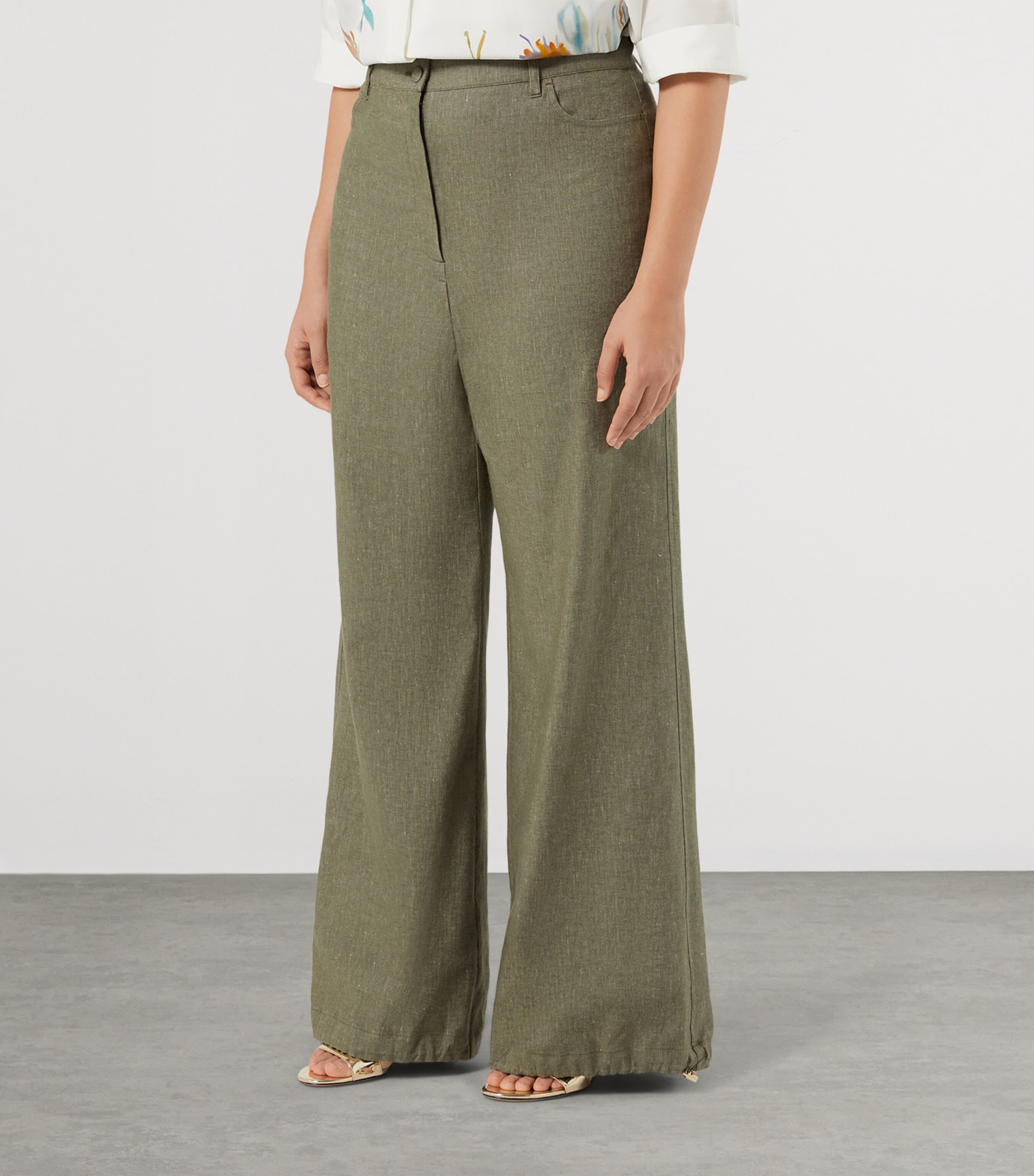 Marina Rinaldi Womens Cotton-Linen-Blend Wide-Leg Trousers Kaki Image 3