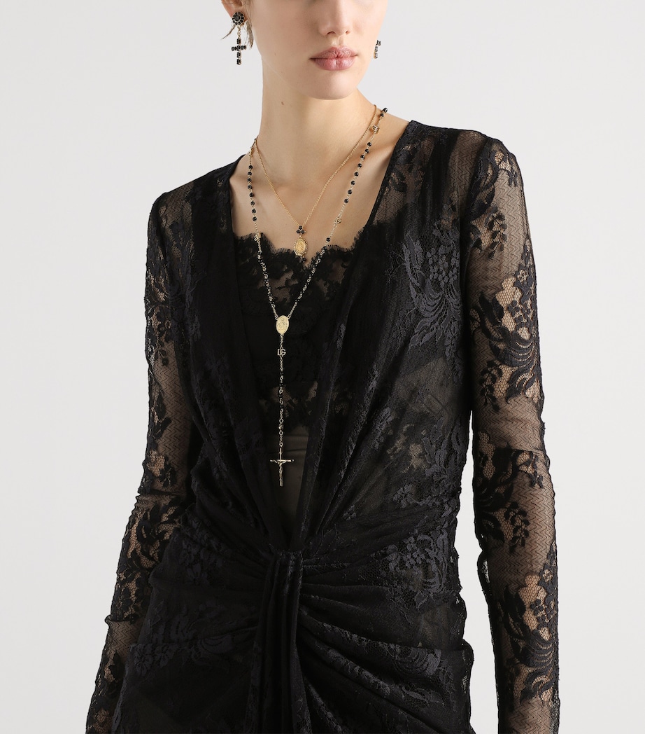 Lace Gathered Midi Dress N0000-BLACK Image 4