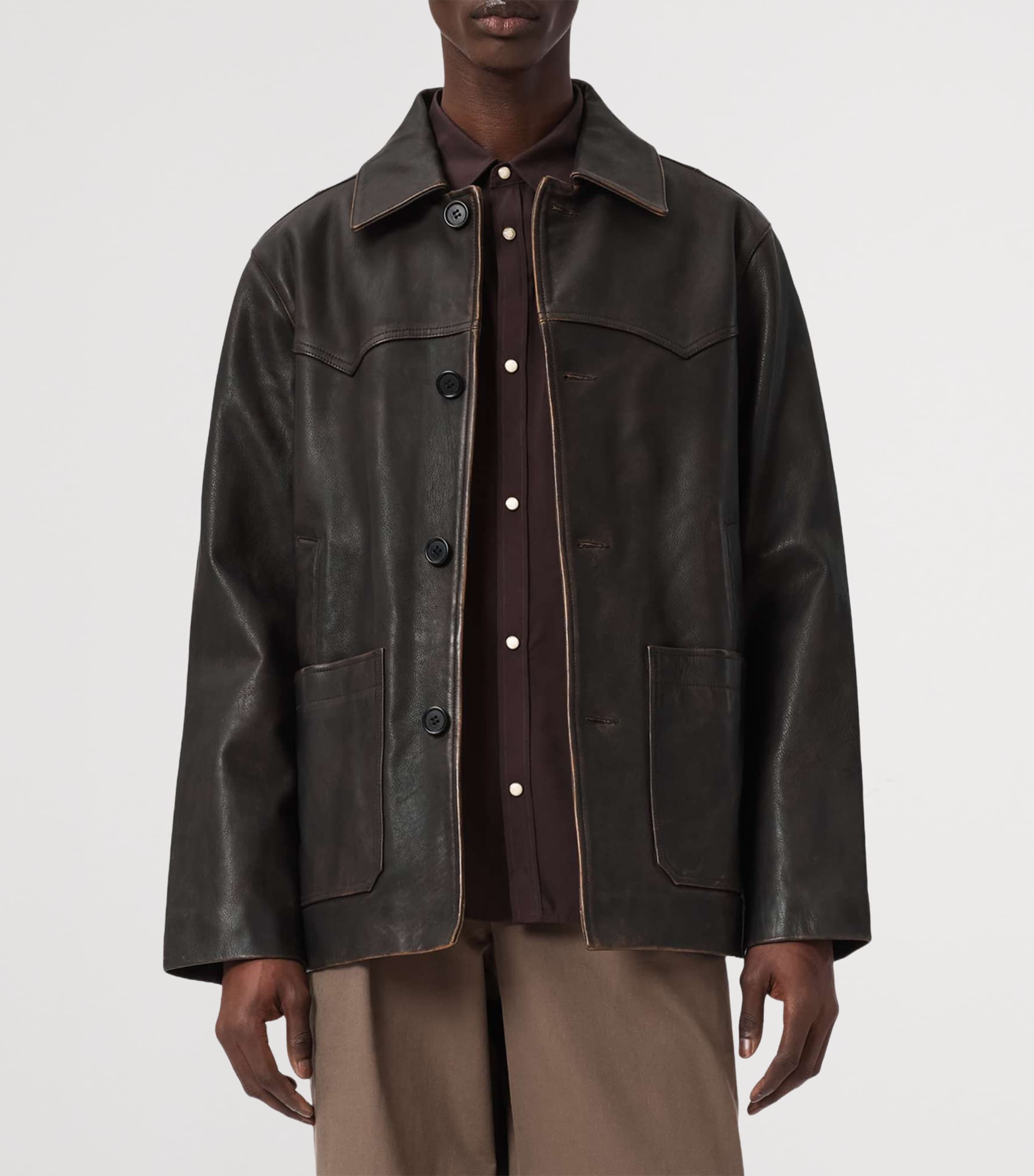 AllSaints Mens Hartwell Leather Jacket Cognac Brown Image 3
