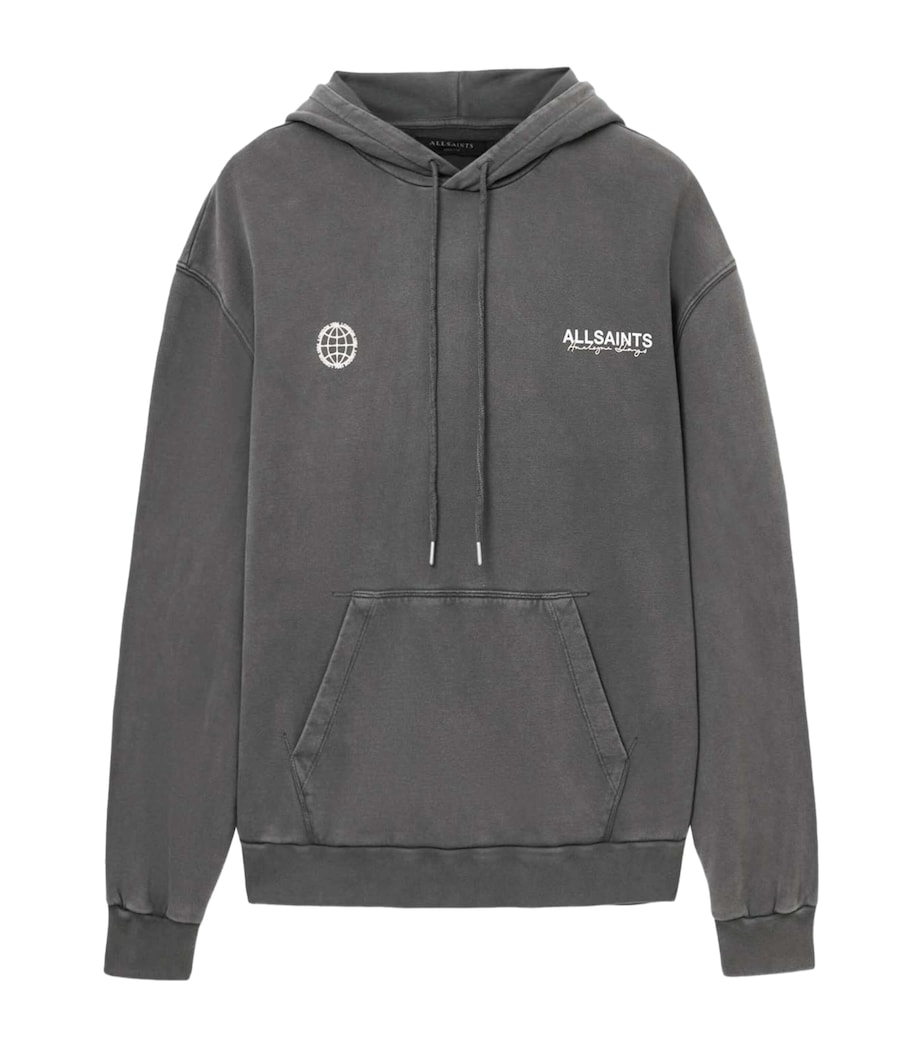AllSaints Mens Organic Cotton Emblem Hoodie Washed Black Image 1