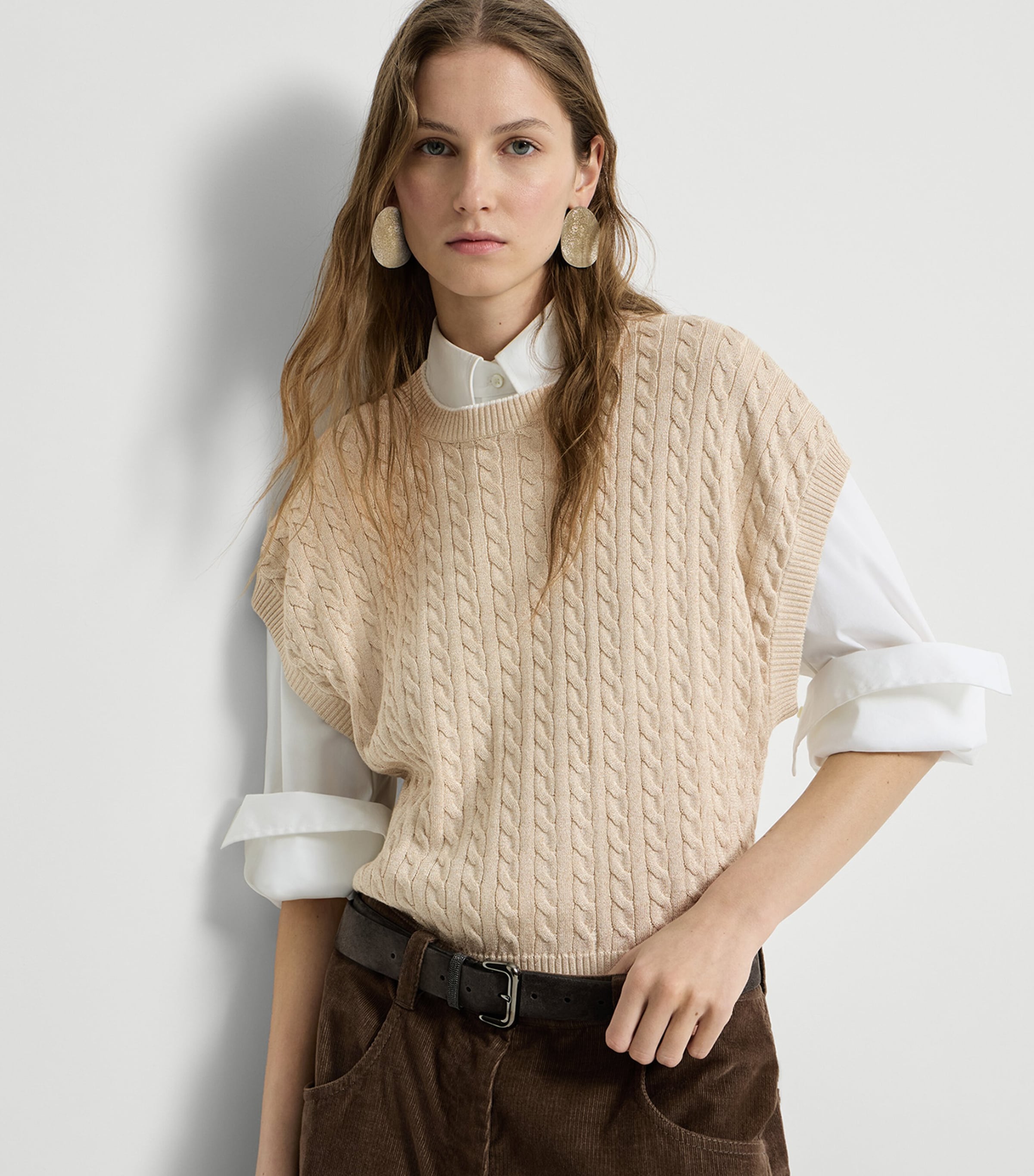 Brunello Cucinelli Womens Cable-Knit Sparkling Short-Sleeve Sweater Butter Image 2