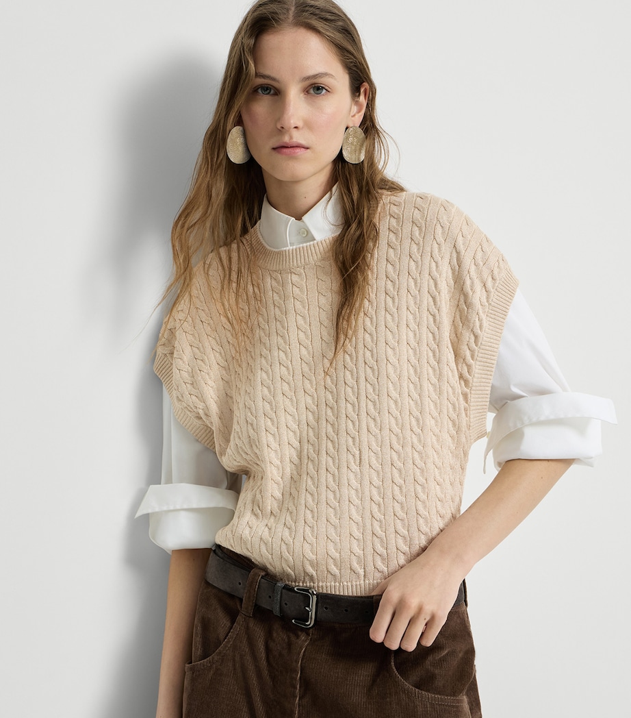 Brunello Cucinelli Womens Cable-Knit Sparkling Short-Sleeve Sweater Butter Image 2