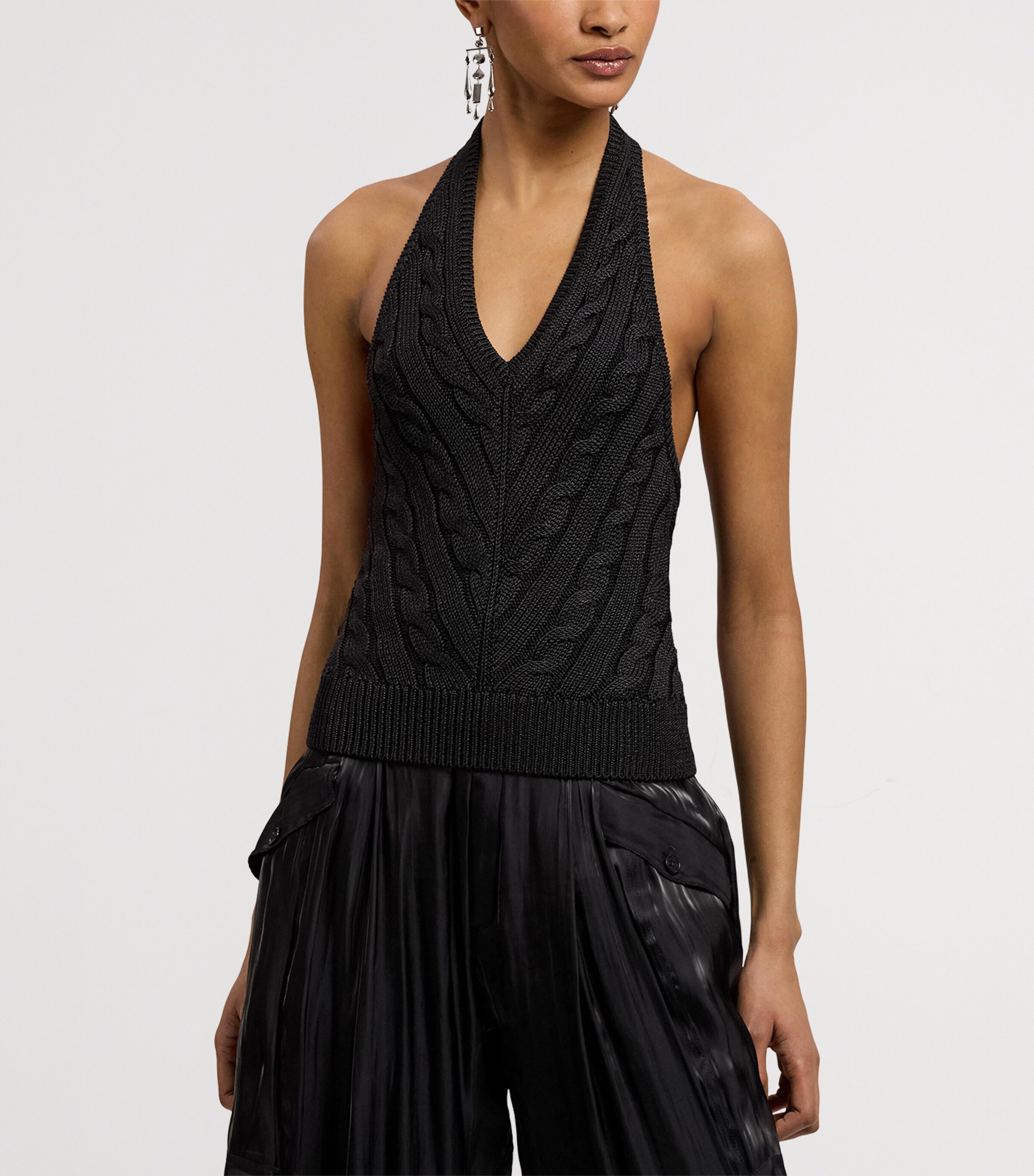 Ralph Lauren Collection Womens Silk Cable-Knit Halterneck Top Black Image 9