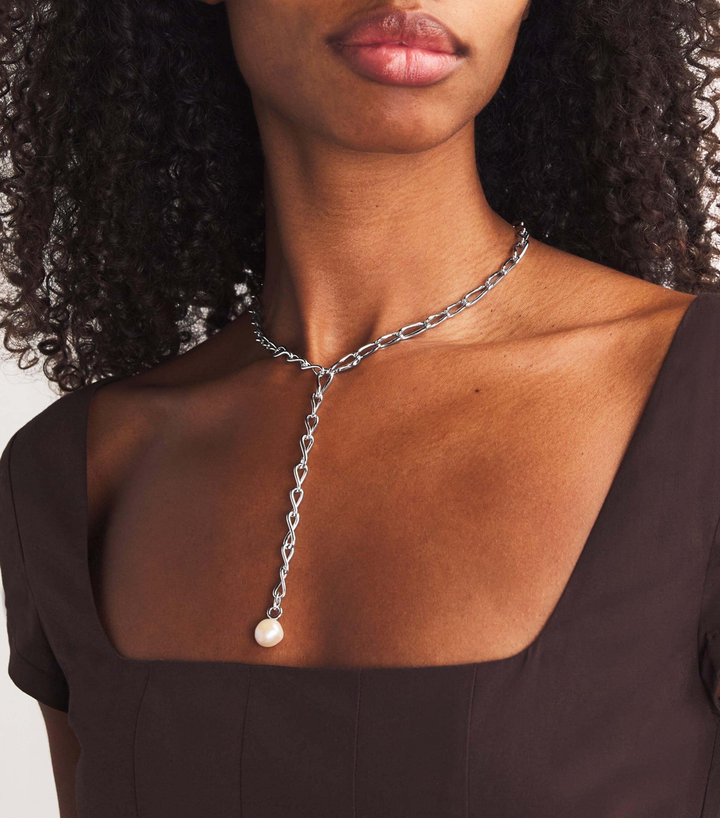 Sterling Silver Lariat Pearl Charm Necklace SILVER Image 4