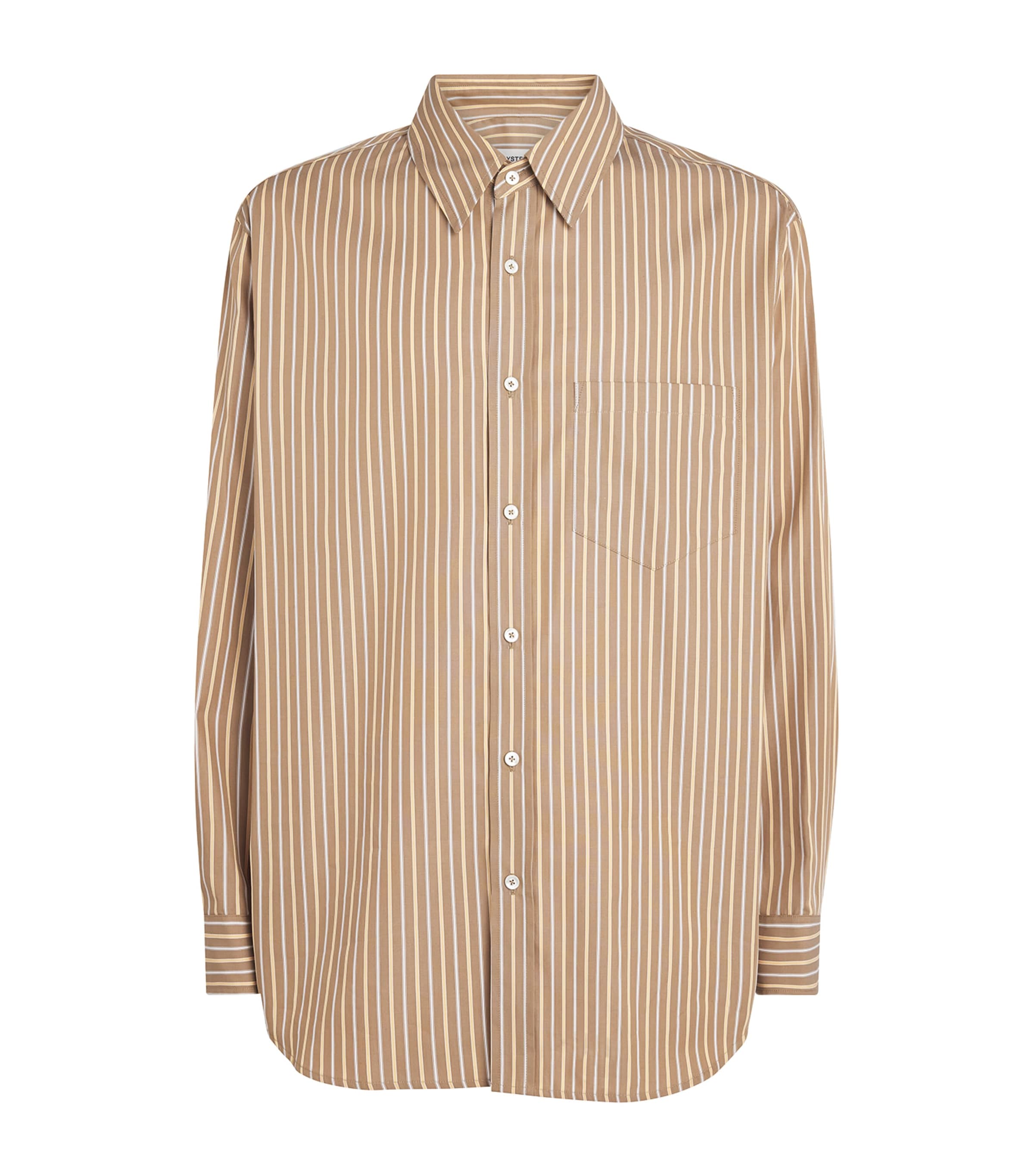 System Mens Cotton Stripe Shirt Sepia Beige Image 1