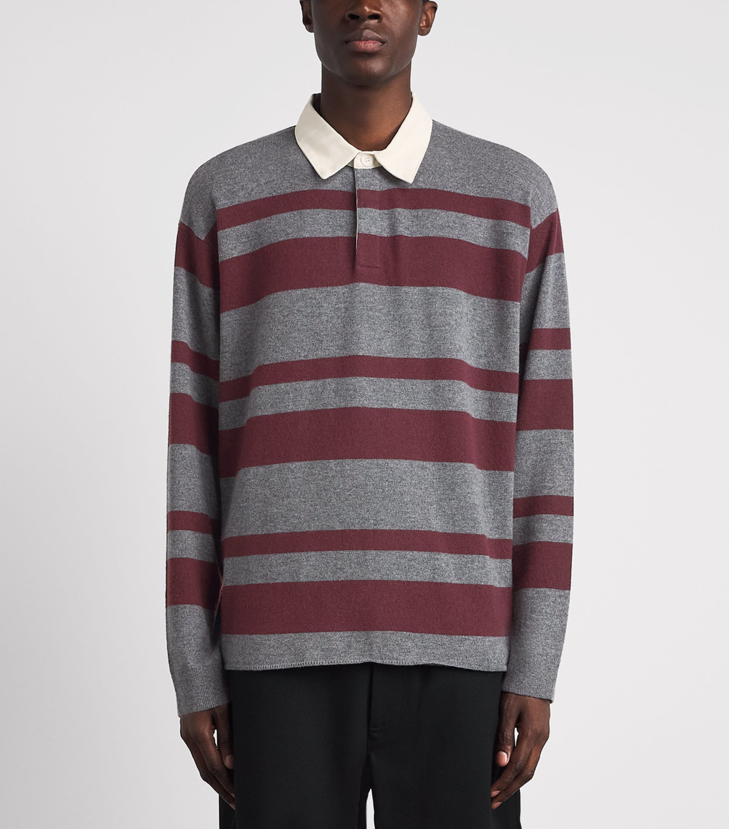 FRAME Mens Merino Wool-Cashmere Stripe Rugby Polo Shirt Gbst Grey/brgnd Strp Image 4