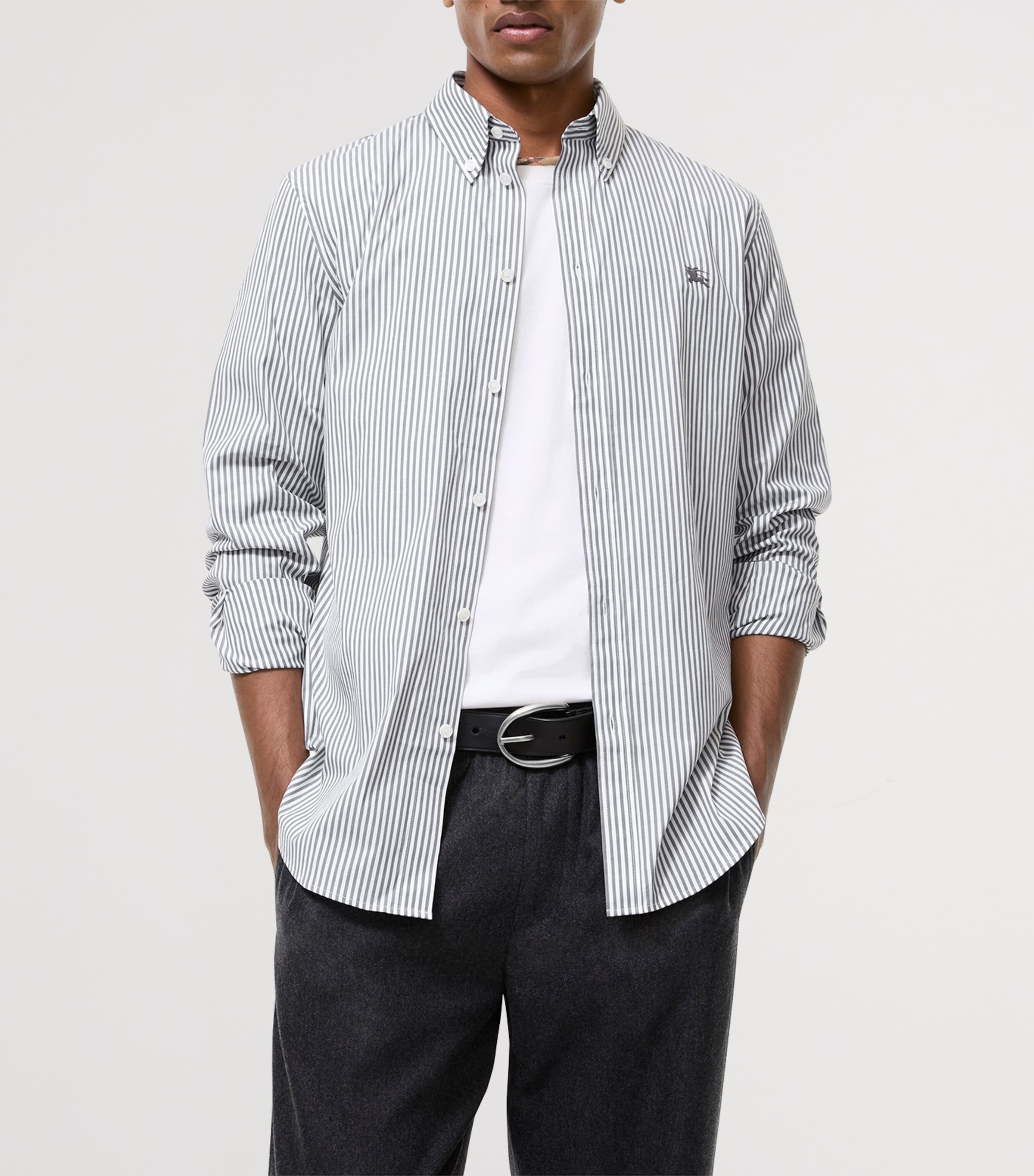 Burberry Mens Stretch-Cotton Stripe EKD Shirt Thunder Grey Stripe Image 2