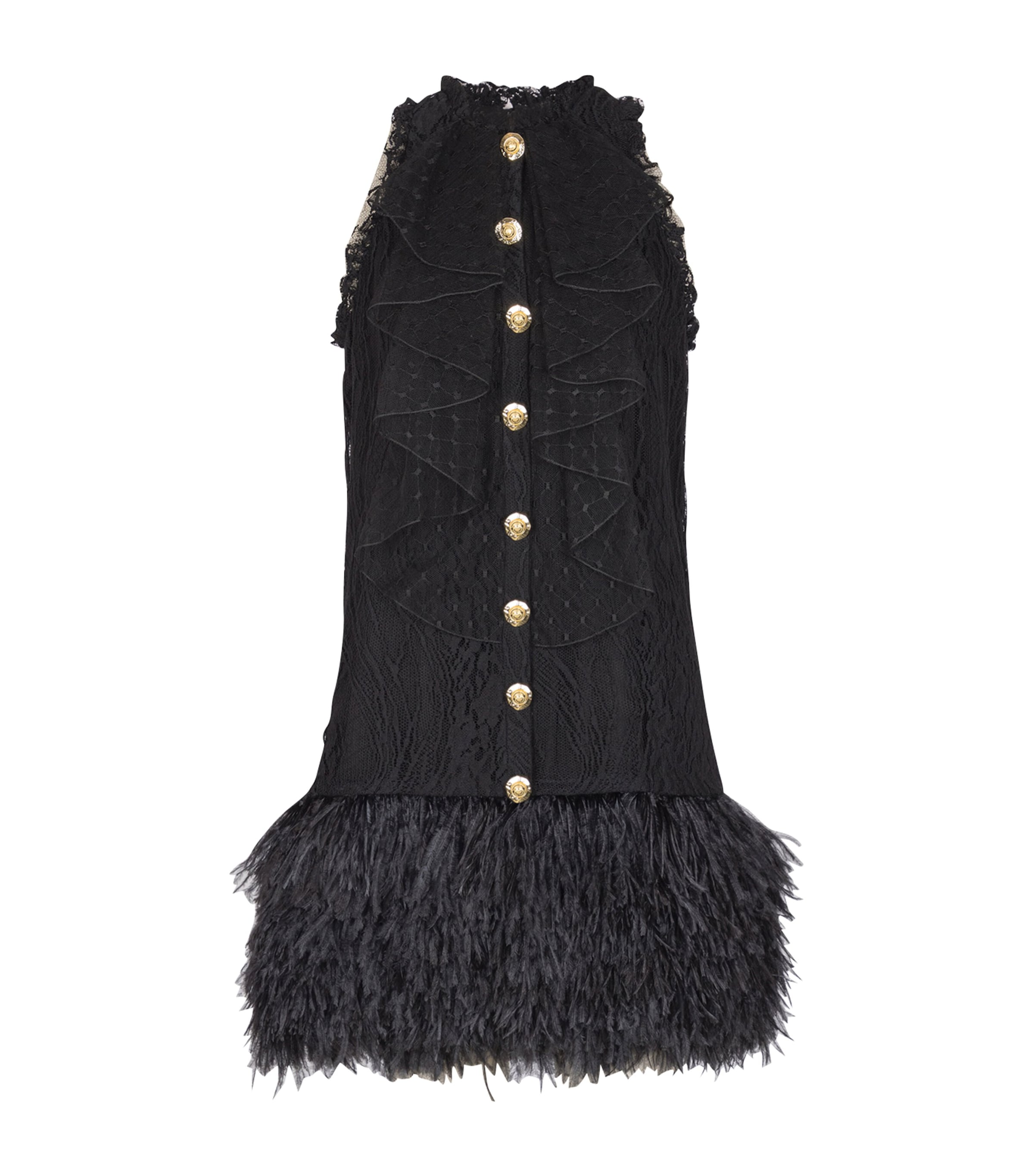 Balmain Cotton-blend Lace And Feather Mini Dress