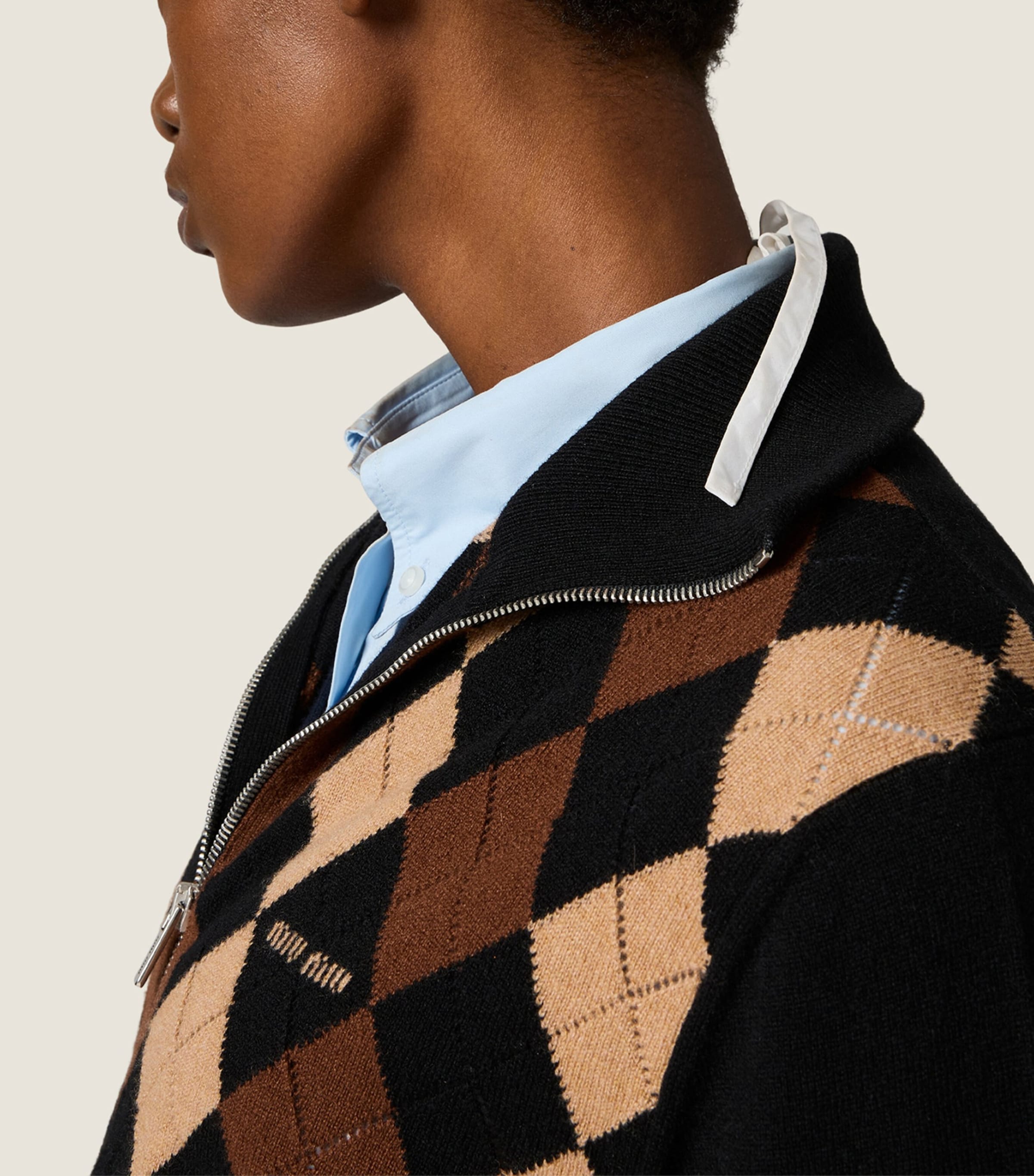 Miu Miu Womens Cashmere Argyle Zip-Up Cardigan Black Image 6