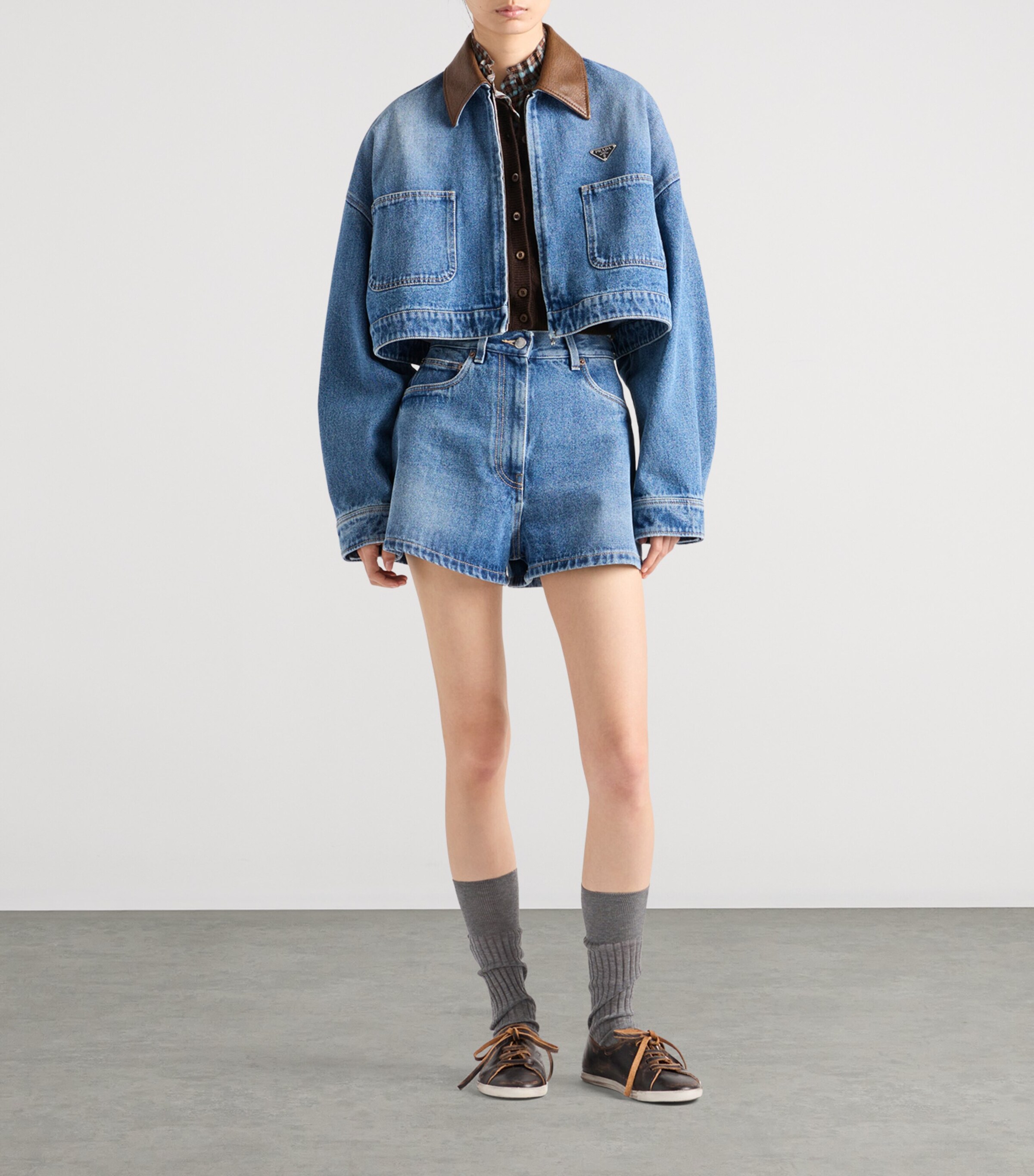 ジャケット・アウター cropped leather collar denim jacket Prada Blue Leather-Collar Cropped Denim Jacket | Harrods UK