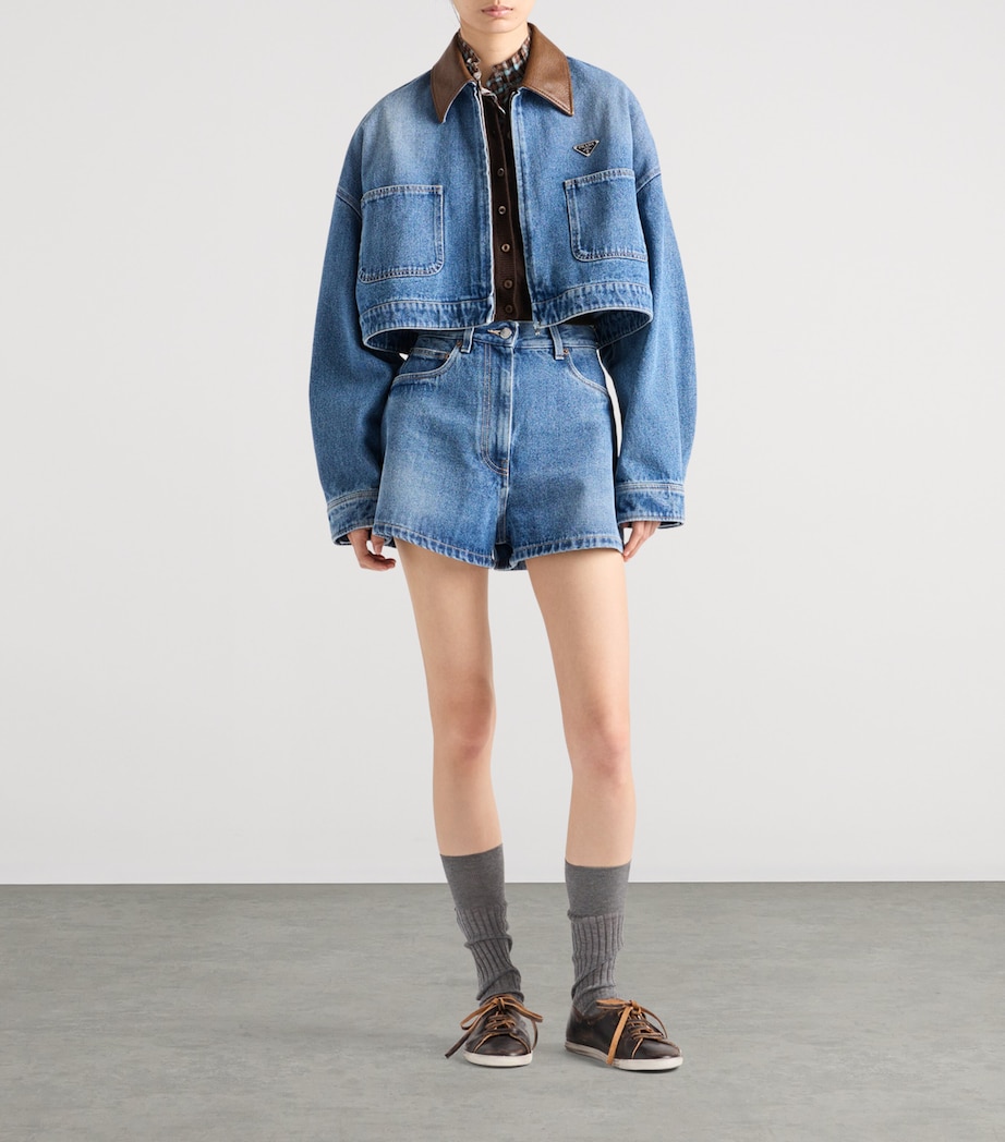 Leather-Collar Cropped Denim Jacket F0V3N Image 2