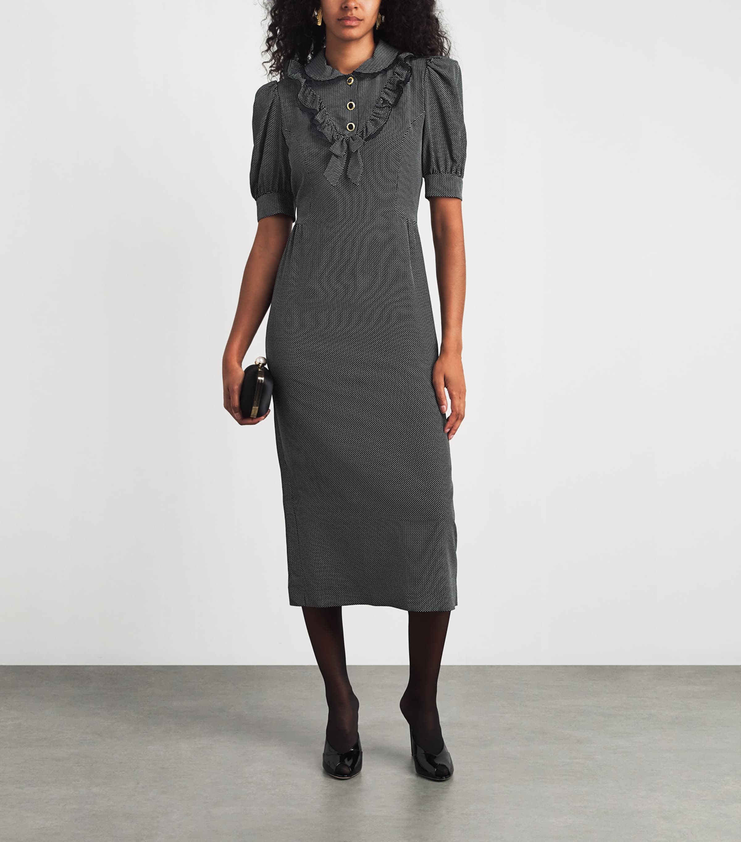 Alessandra Rich Womens Silk Polka-Dot Collared Midi Dress Black White Image 2