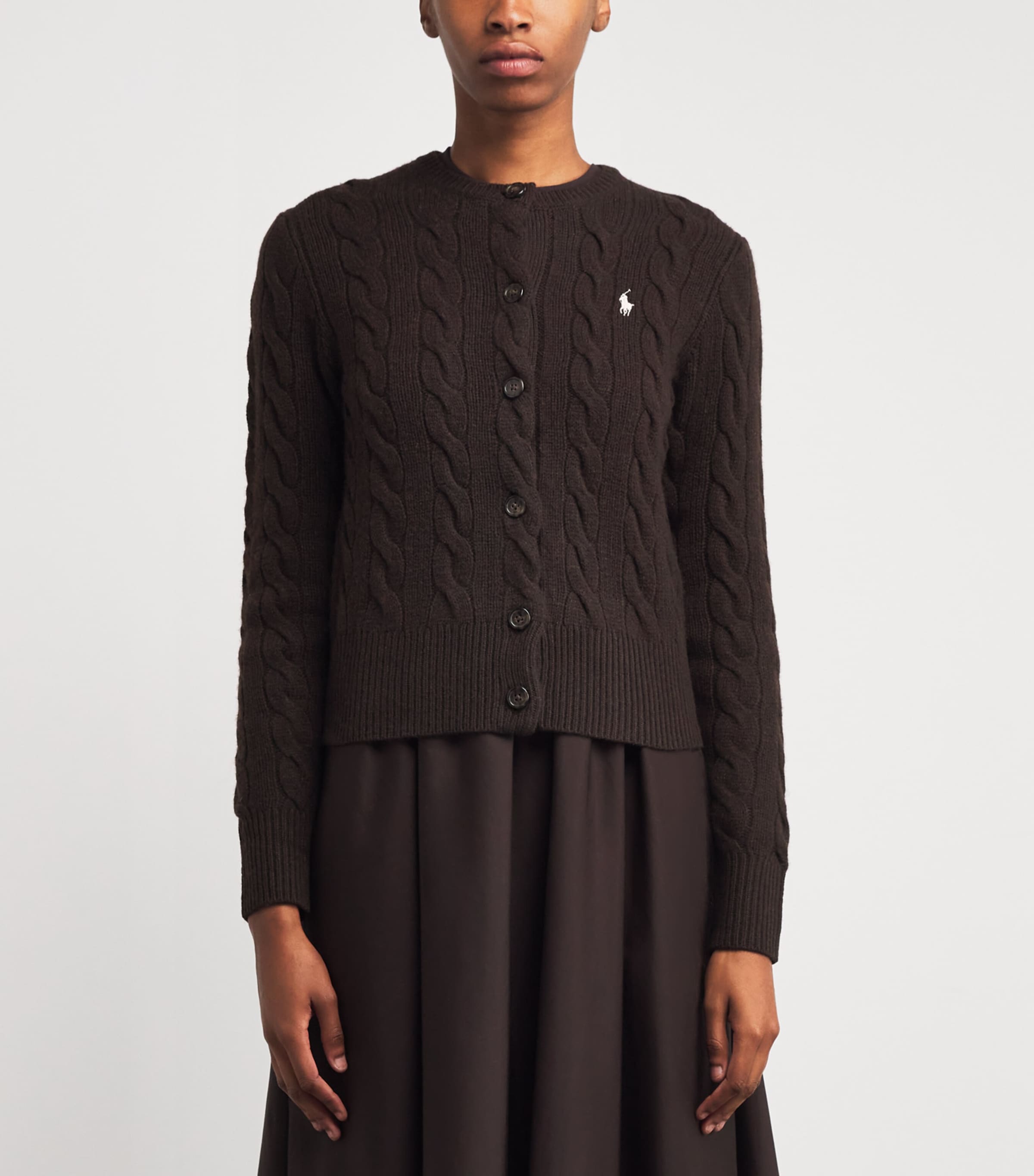 Polo Ralph Lauren Womens Wool-Cashmere Cable-Knit Cardigan Walnut Brown Melange Image 3