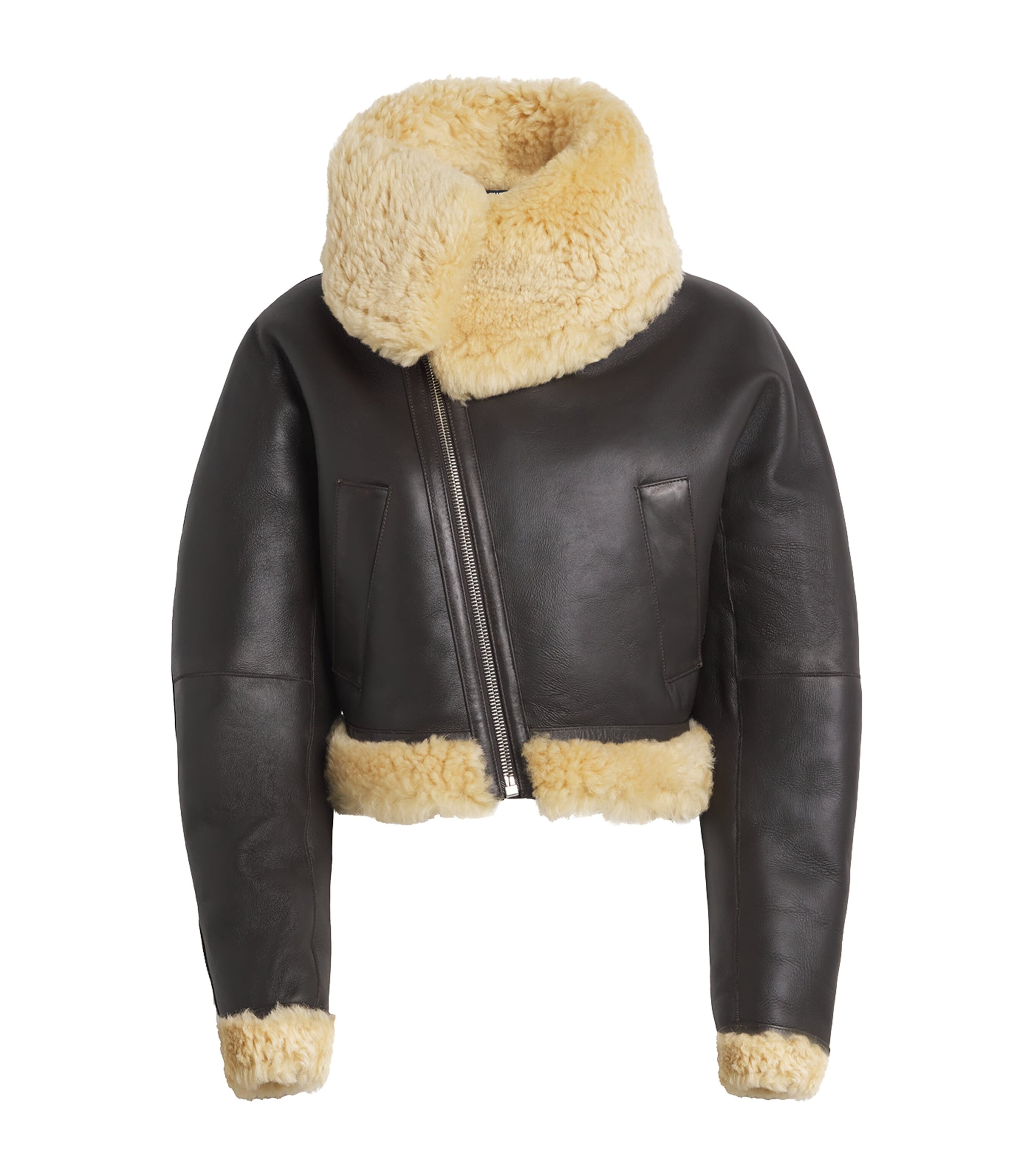 Jacquemus Shearling-trim Aviator Leather Jacket In Brown