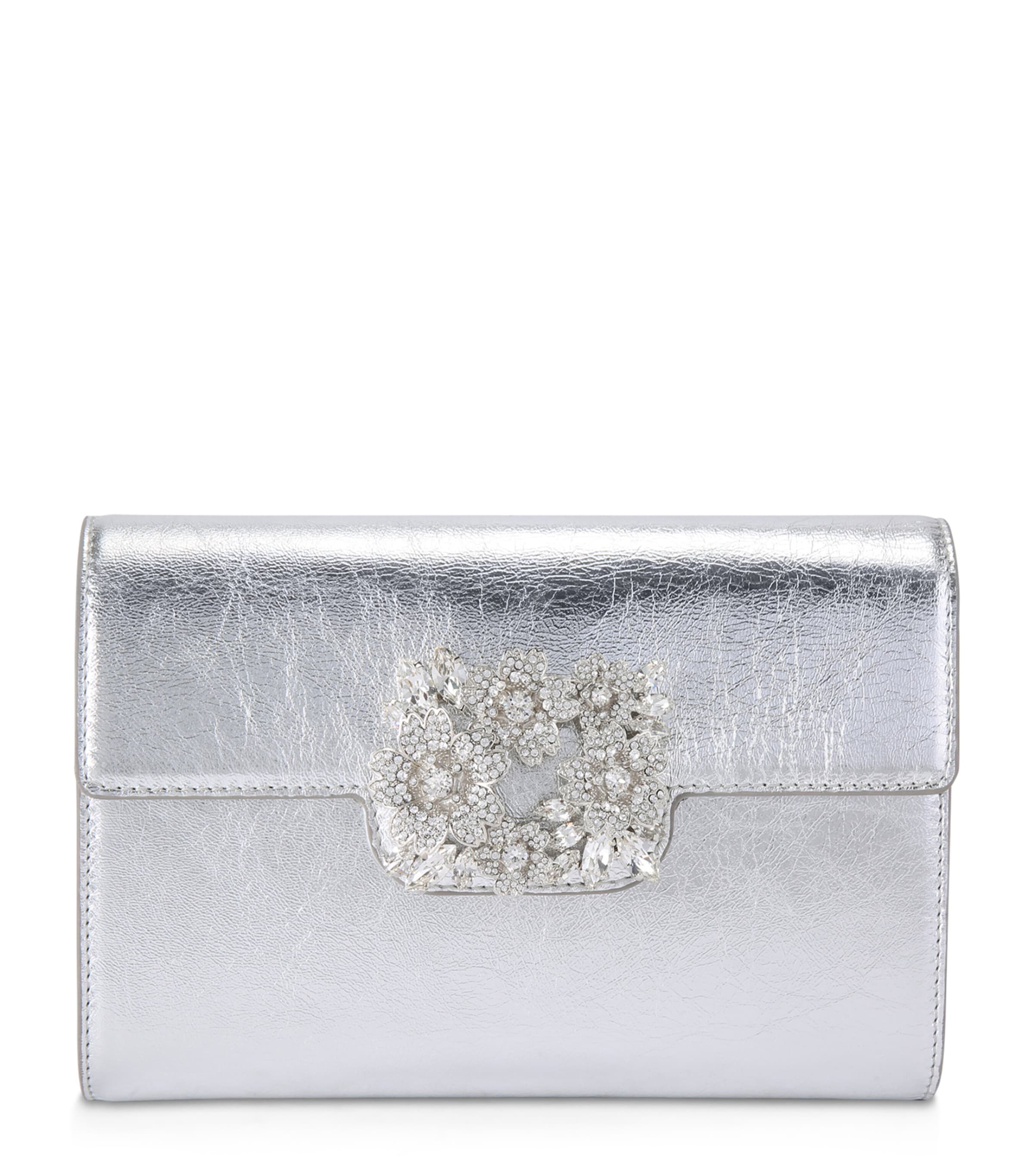 Roger Vivier Mini Leather Efflorescence Envelope Clutch Bag In Silver