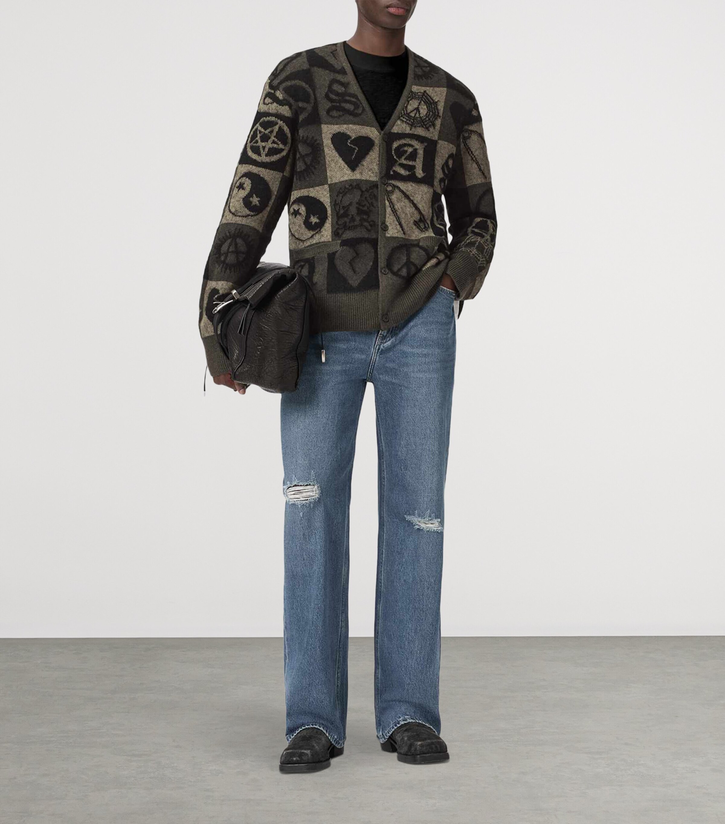 AllSaints Mens Jacquard Travis Cardigan Olive Green/black Image 7