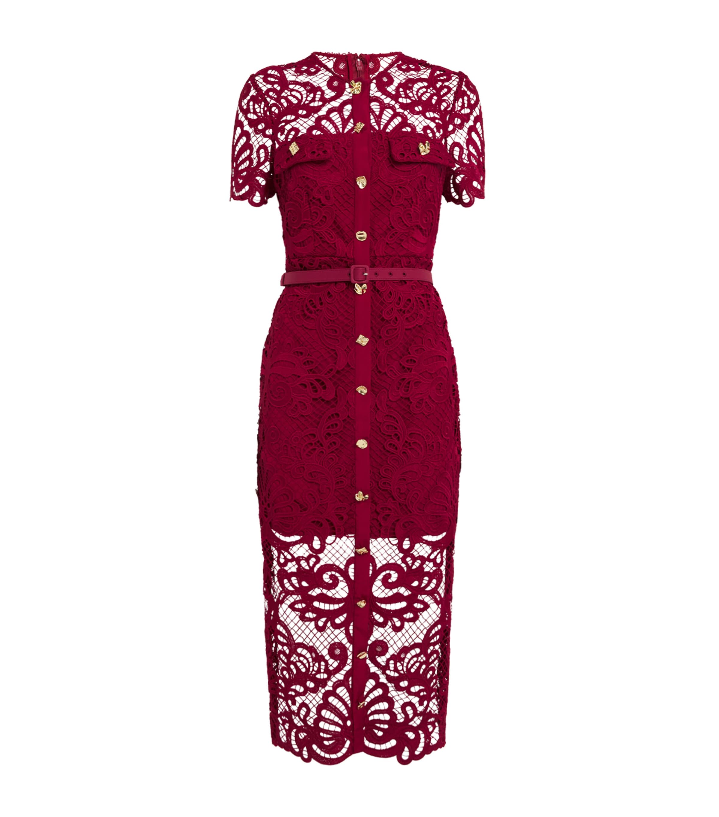 Shop Self-portrait Guipure Lace Belted Midi Dress In Red