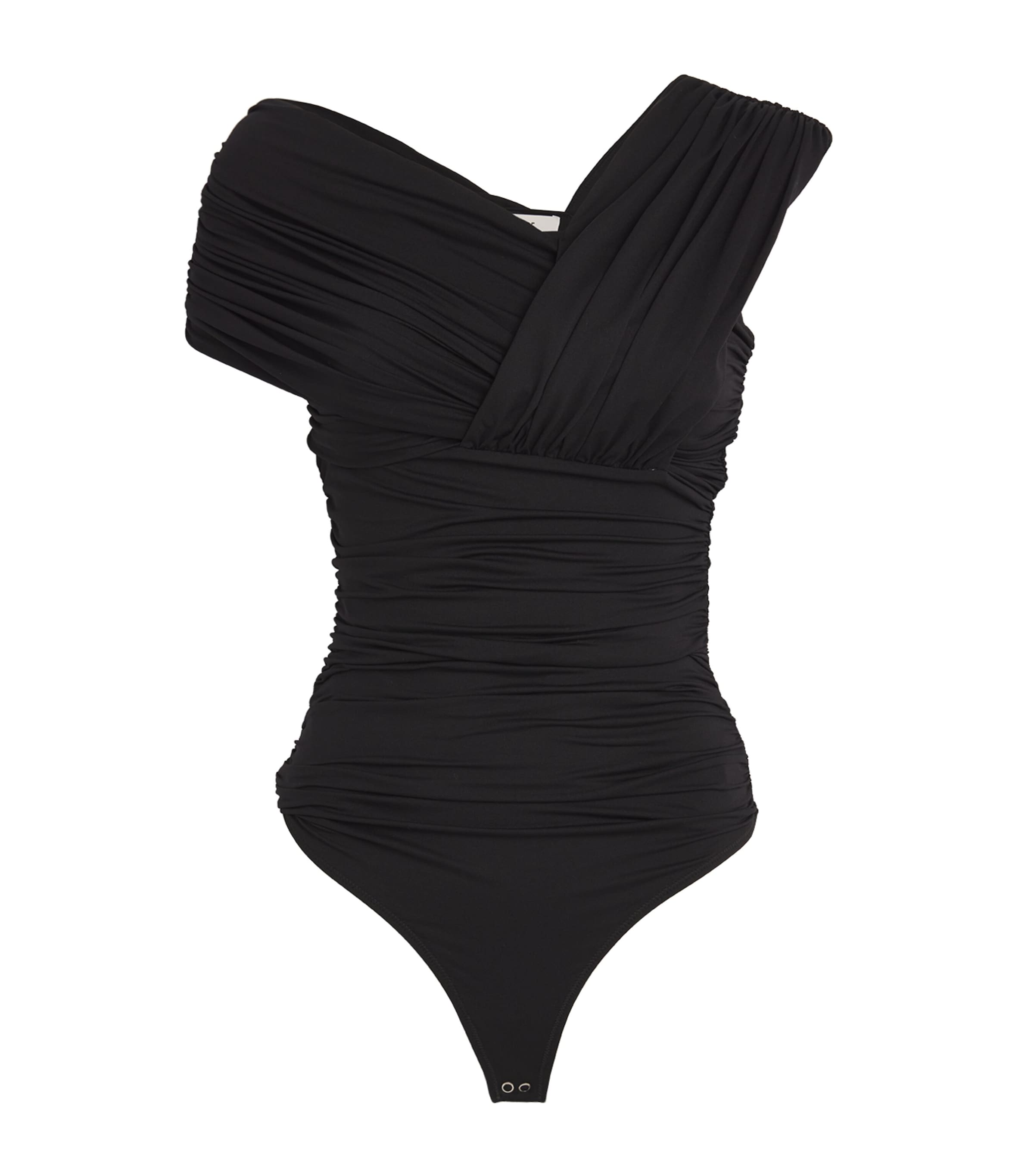 Agolde Etienne Off-the-shoulder Ruched Stretch-jersey Thong Bodysuit In Black