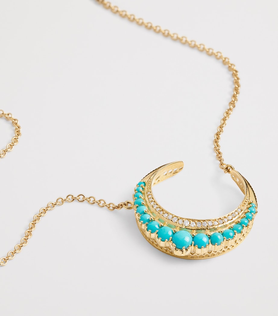 Small Yellow Gold, Diamond and Turquoise Crescent Moon Necklace YELLOW GOLD Image 5