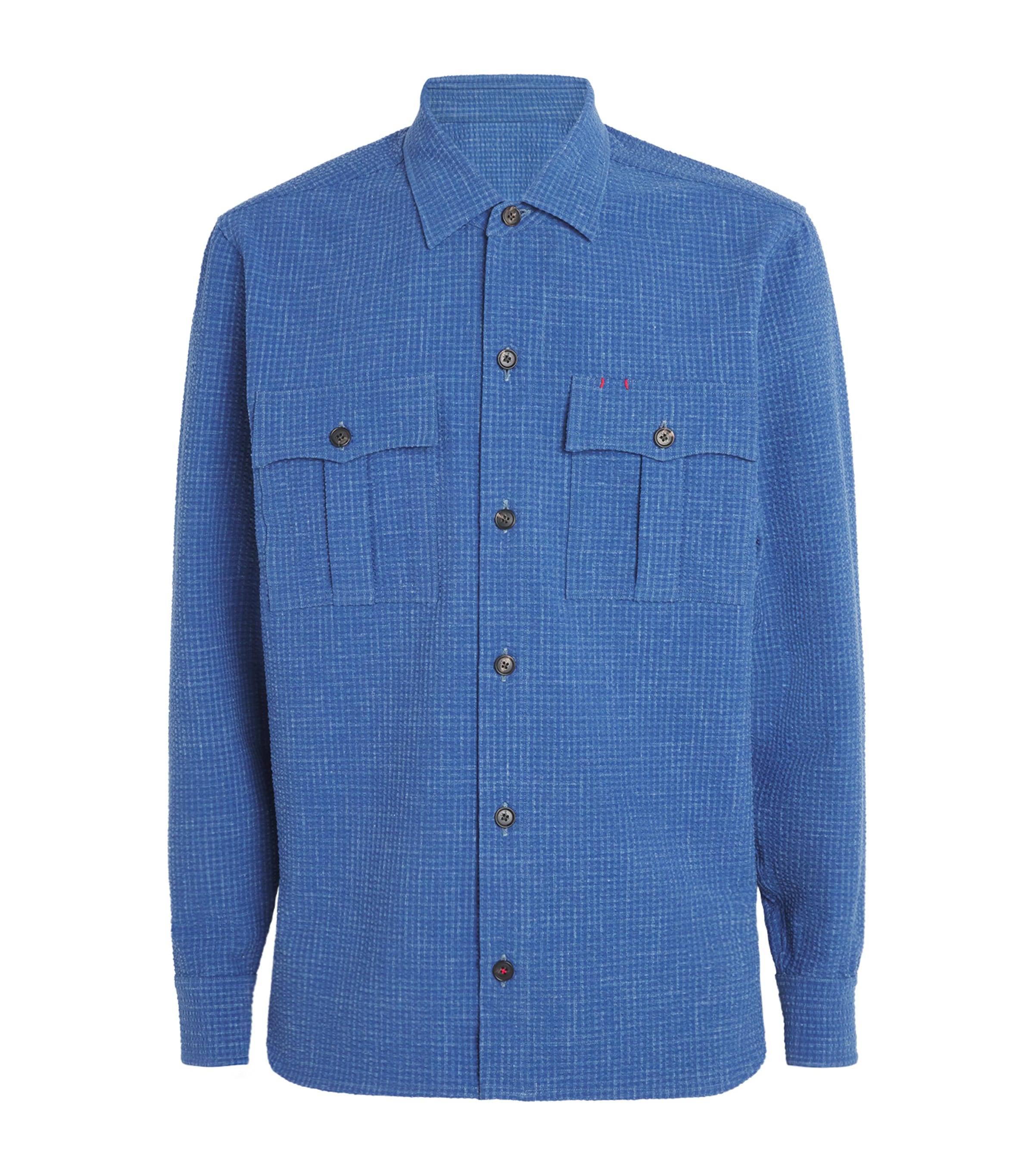 Isaia Wool-silk-linen Seersucker Overshirt In Blue