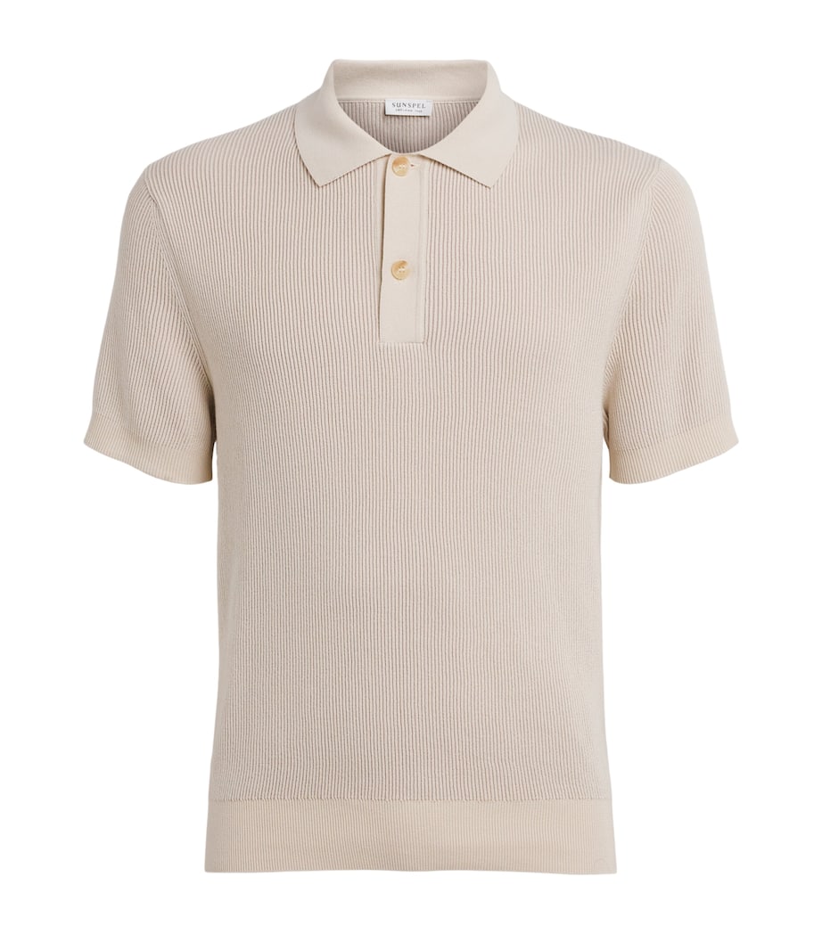 Sunspel Mens Cotton Rib-Knit Polo Shirt Whcr Ecru Image 1