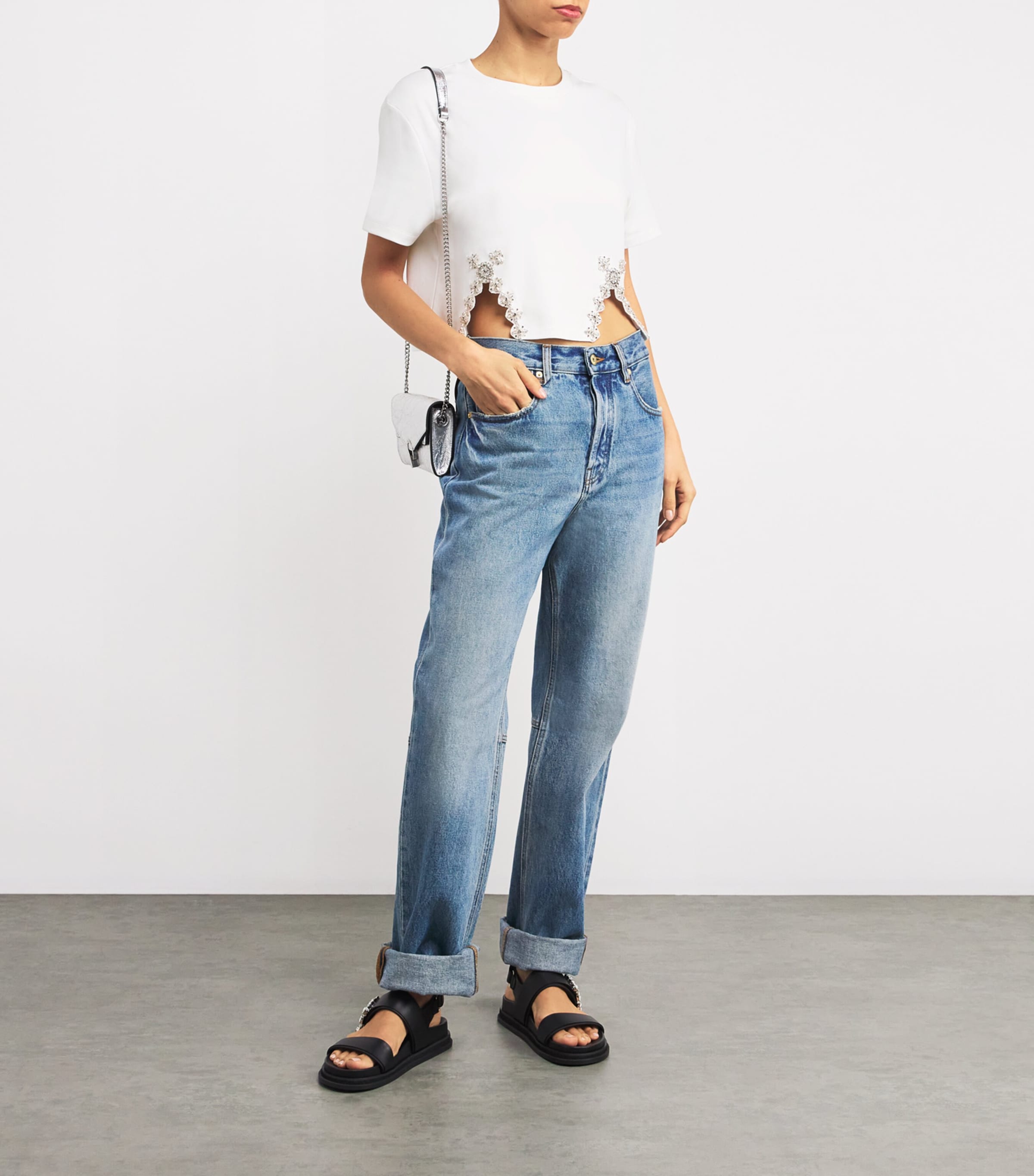 関税・送料込み!【国内発送】SANDRO Rhinestone crop Tシャツ Rhinestone cropped T-shirt black / gray For Women | Sandro Paris