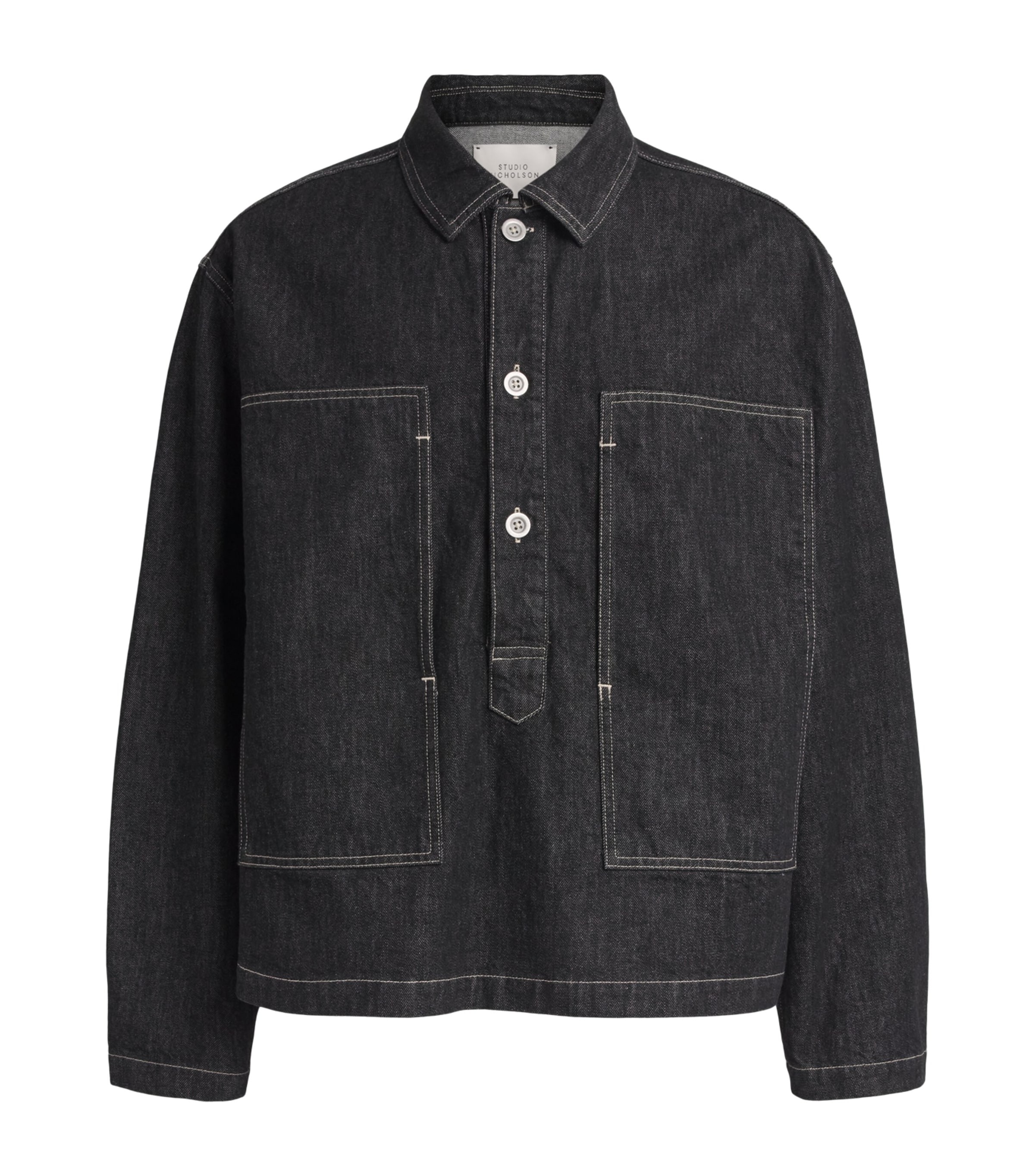 Studio Nicholson Mens Denim Pullover Shirt Black / White Weft Image 1