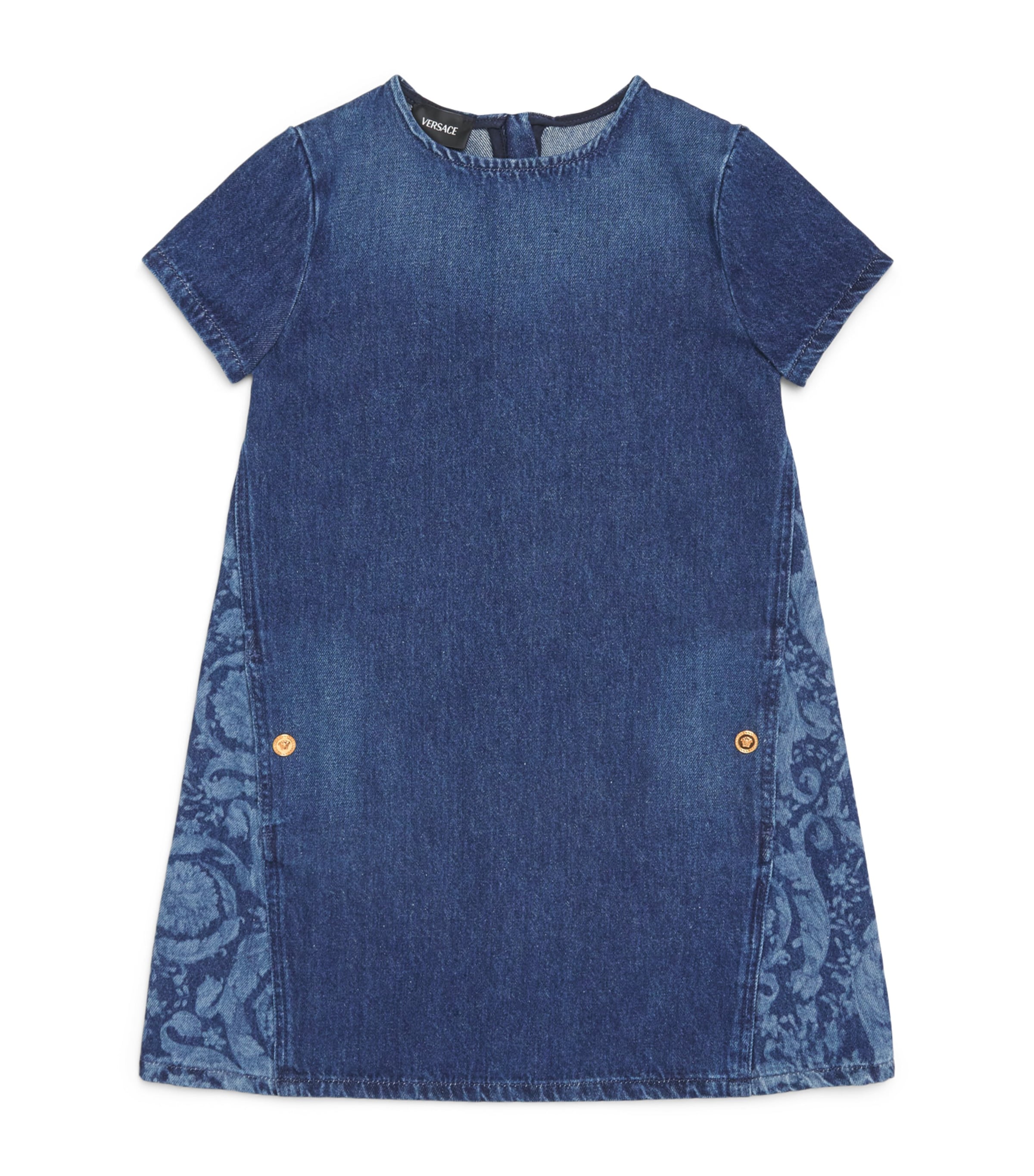 Versace Kids Denim Printed Dress (6-14 Years) Washd Med Blue Image 1