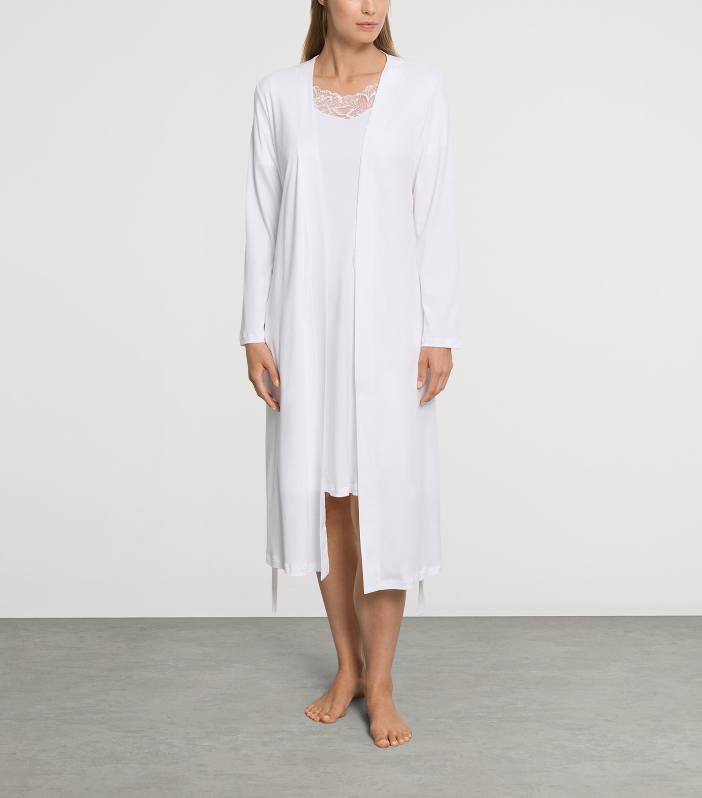 Hanro Womens Cotton Lace-Insert Anne Robe White Image 4