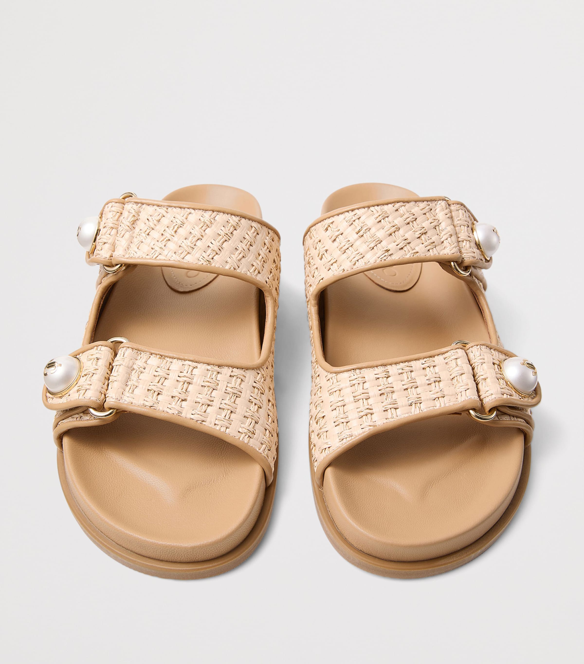 JIMMY CHOO  ラフィア プラットフォームサンダル Fayence FAYENCE SANDAL | Black Leather Flat Sandals with Pearl