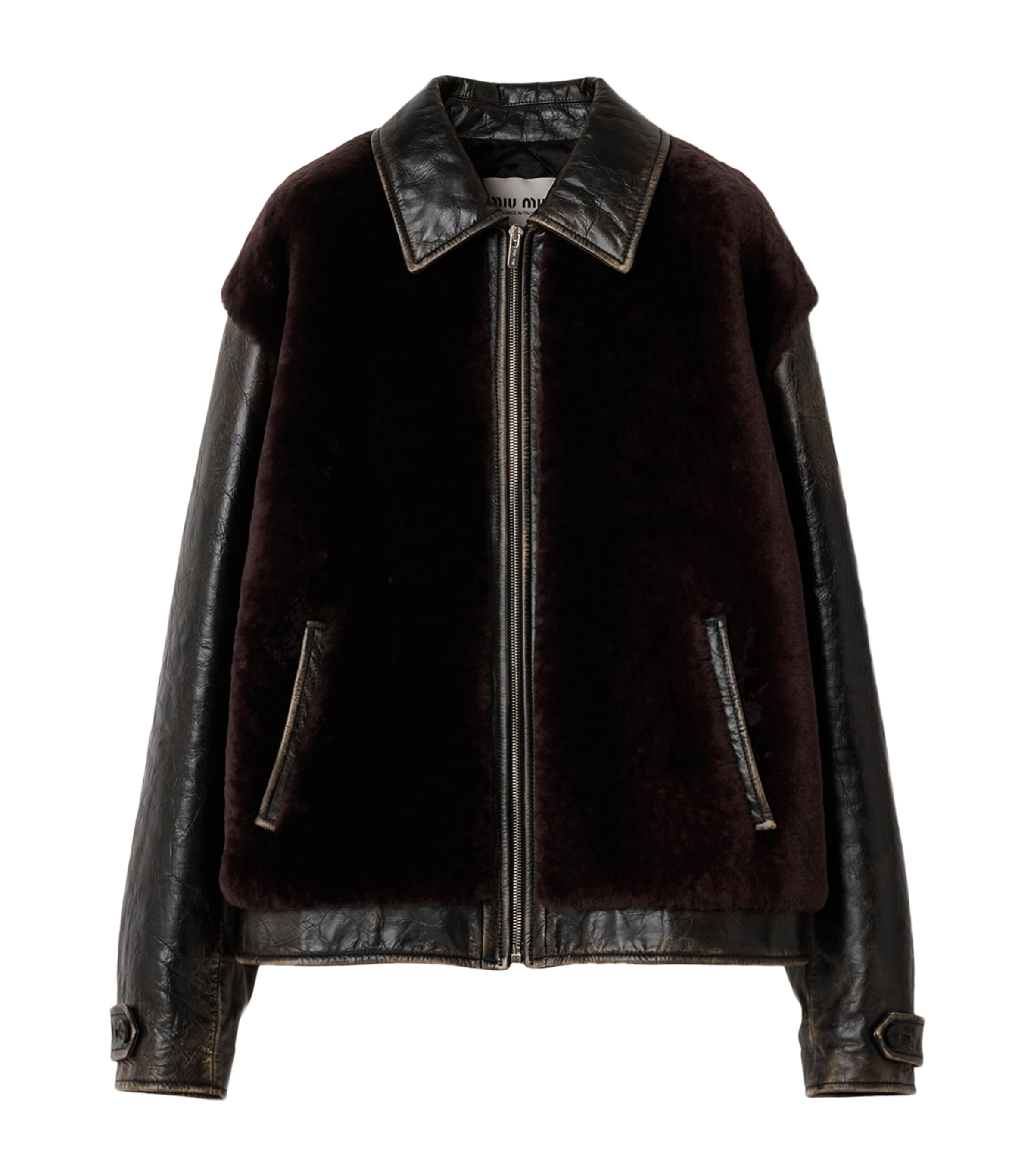 Miu Miu Womens Leather Shearling-Trim Jacket Black Image 1