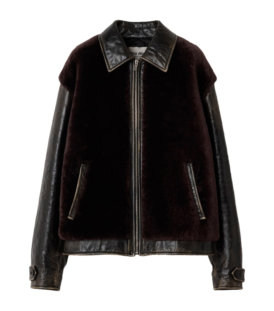 Miu Miu Womens Leather Shearling-Trim Jacket Black Image 1