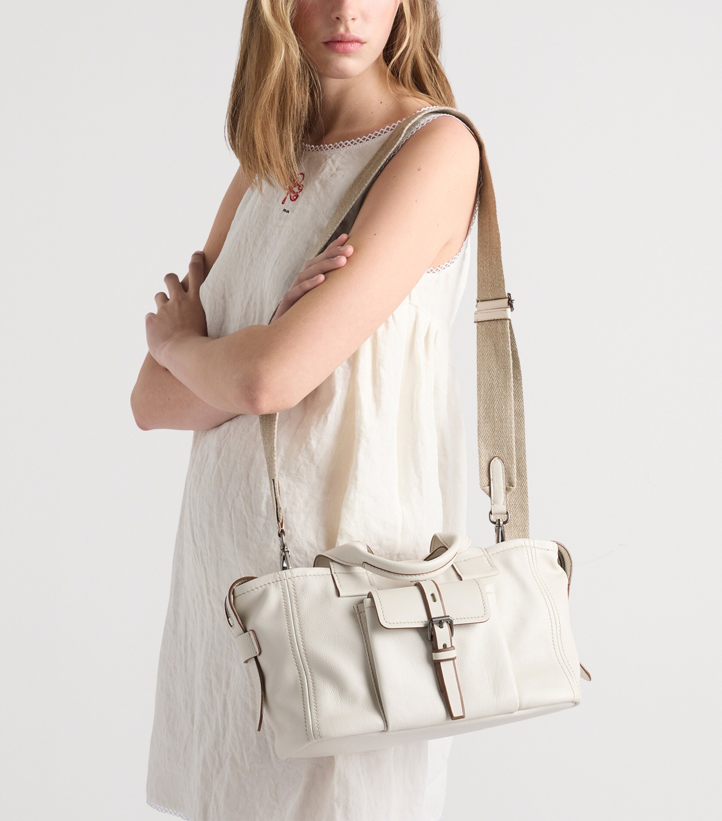 Prada Medium Leather Route Tote Bag Neutral Image 3