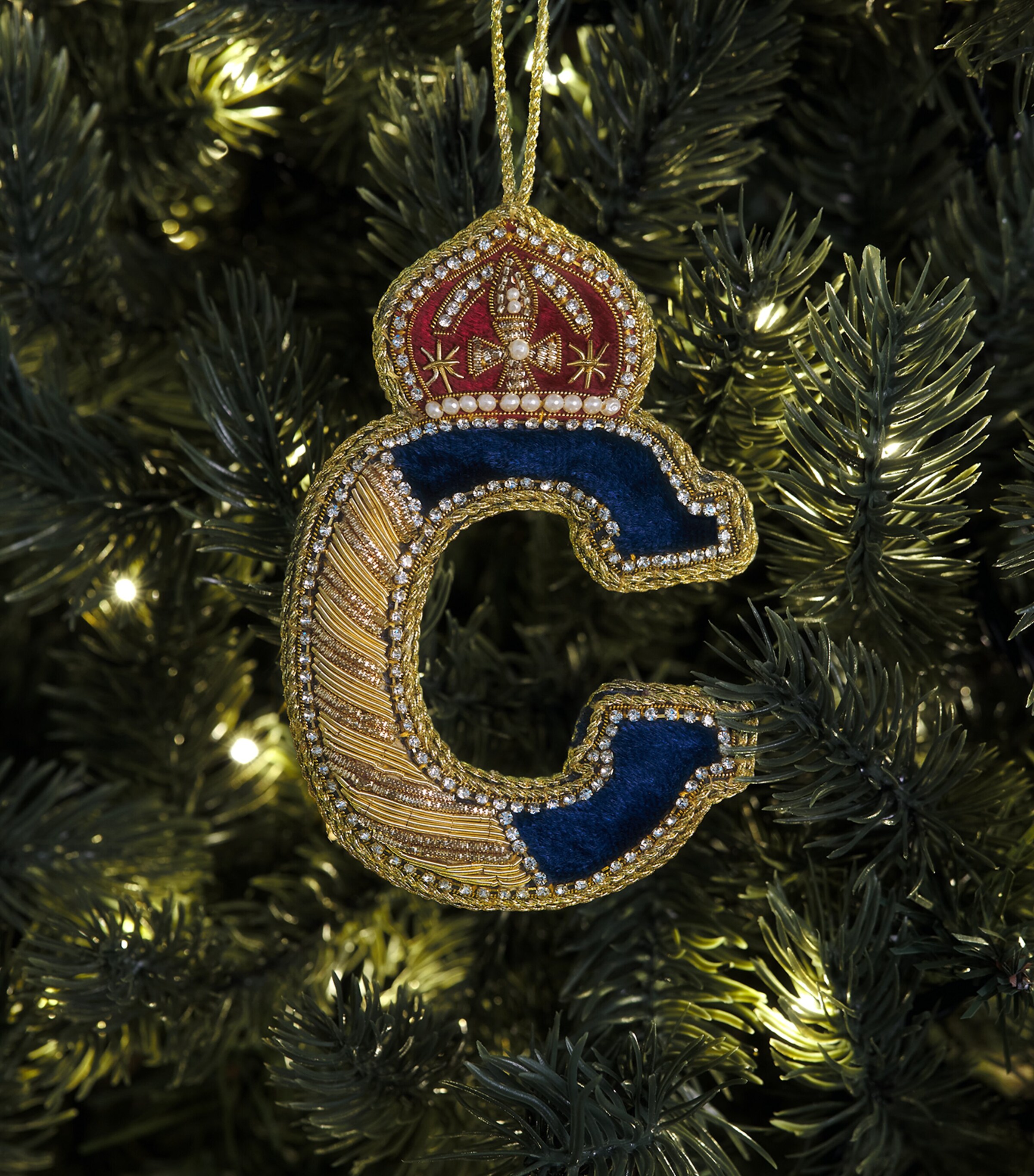 Tinker Tailor Velvet Crystal Letter C Tree Decoration Navy, Gold & Wine Image 3