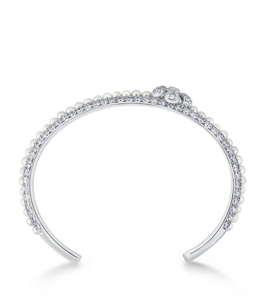 White Gold, Pearl and Diamond Pearl Rose Flower Bangle WHITE Image 2