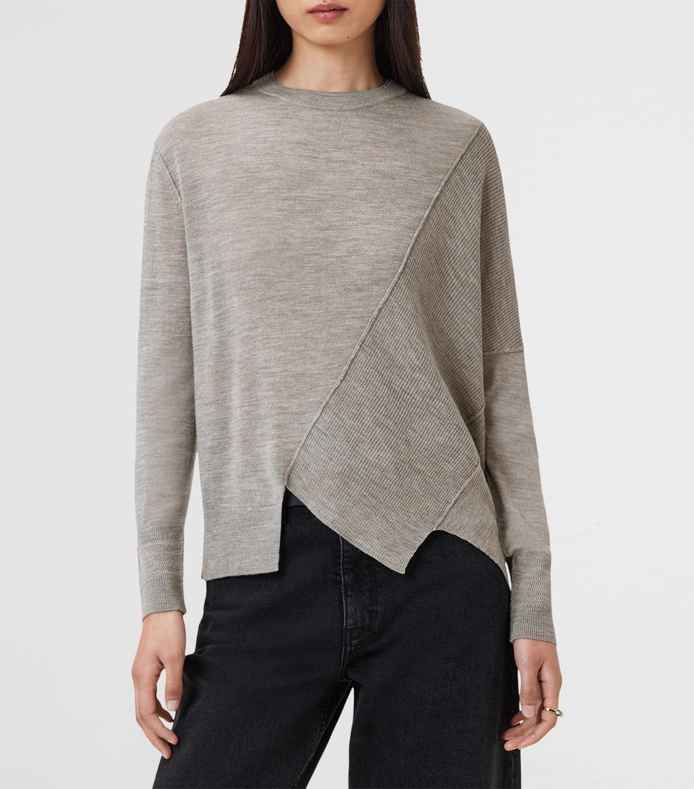 AllSaints Womens Wool Asymmetric Isla Sweater Sand Grey Image 6