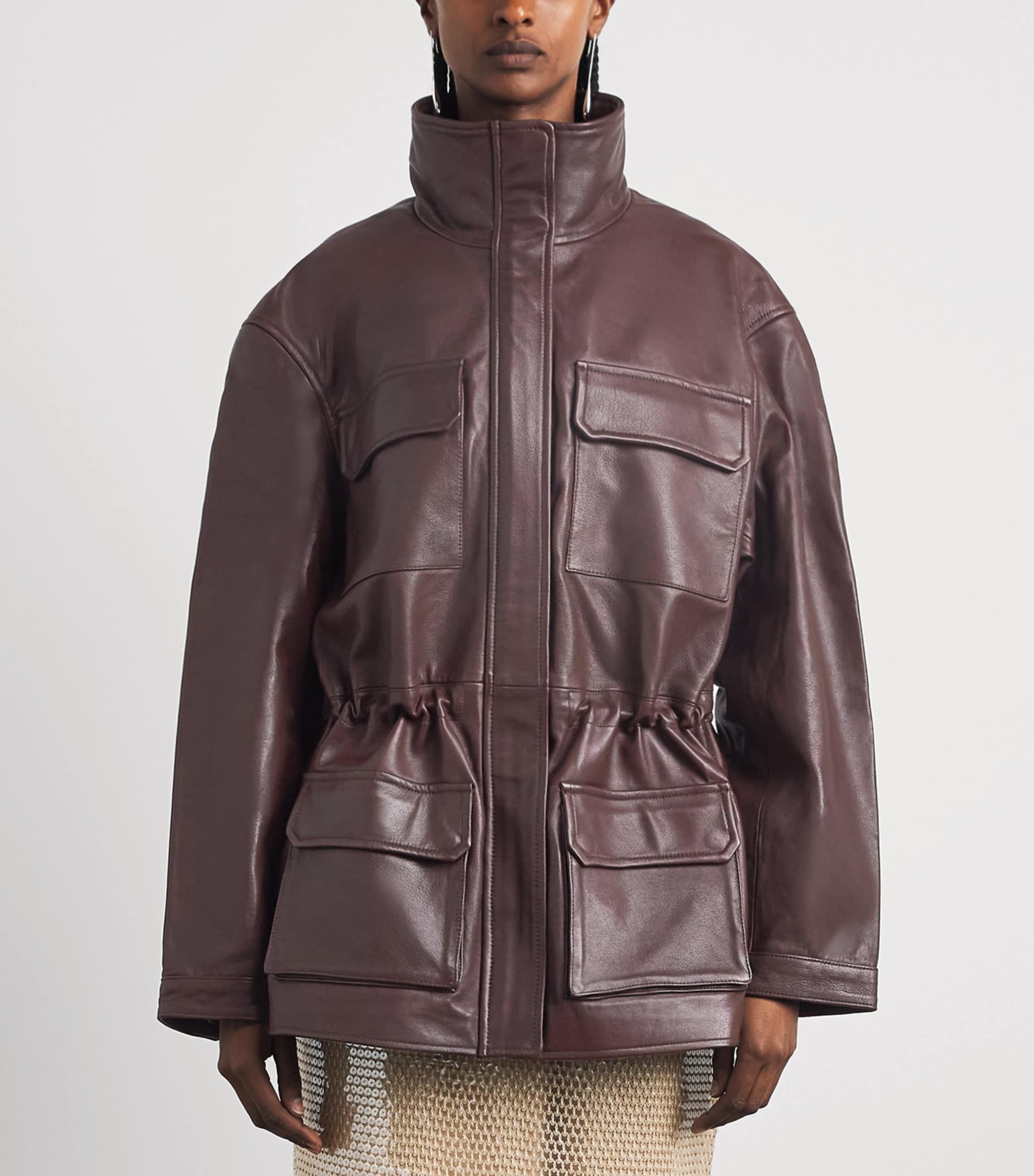 Sandro Paris Womens Oversized Leather Jacket Bordeaux Image 4