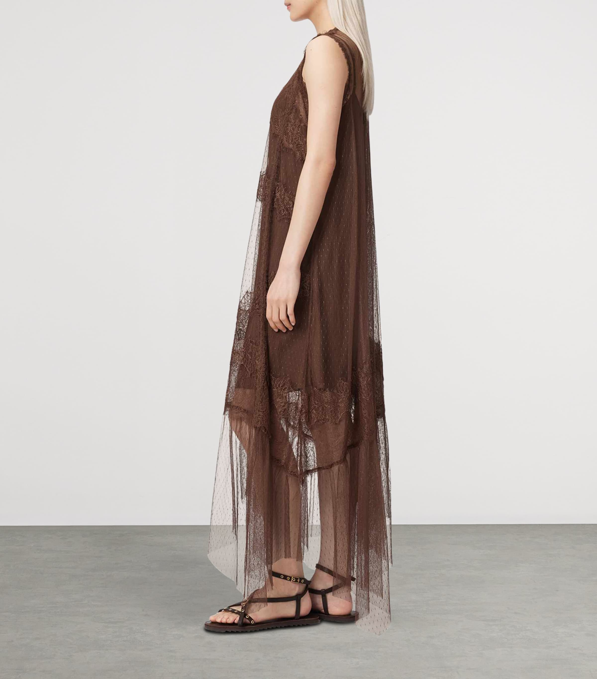 AllSaints Womens Tulle Lace-Trimmed Clara Midi Dress Bitter Brown Image 5