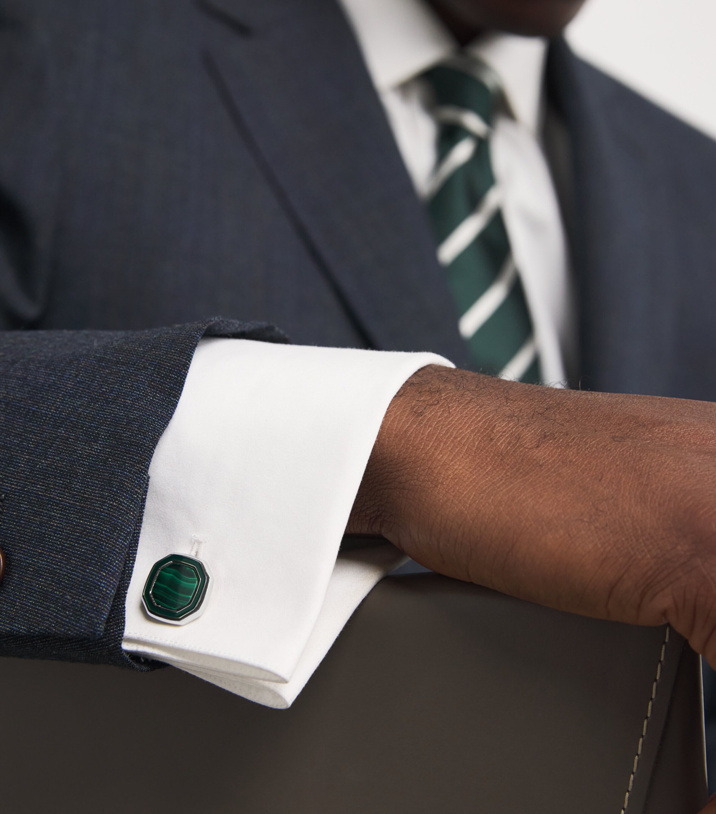 Tateossian White Bronze Malachite-Detail Octagon Cufflinks Green Image 5