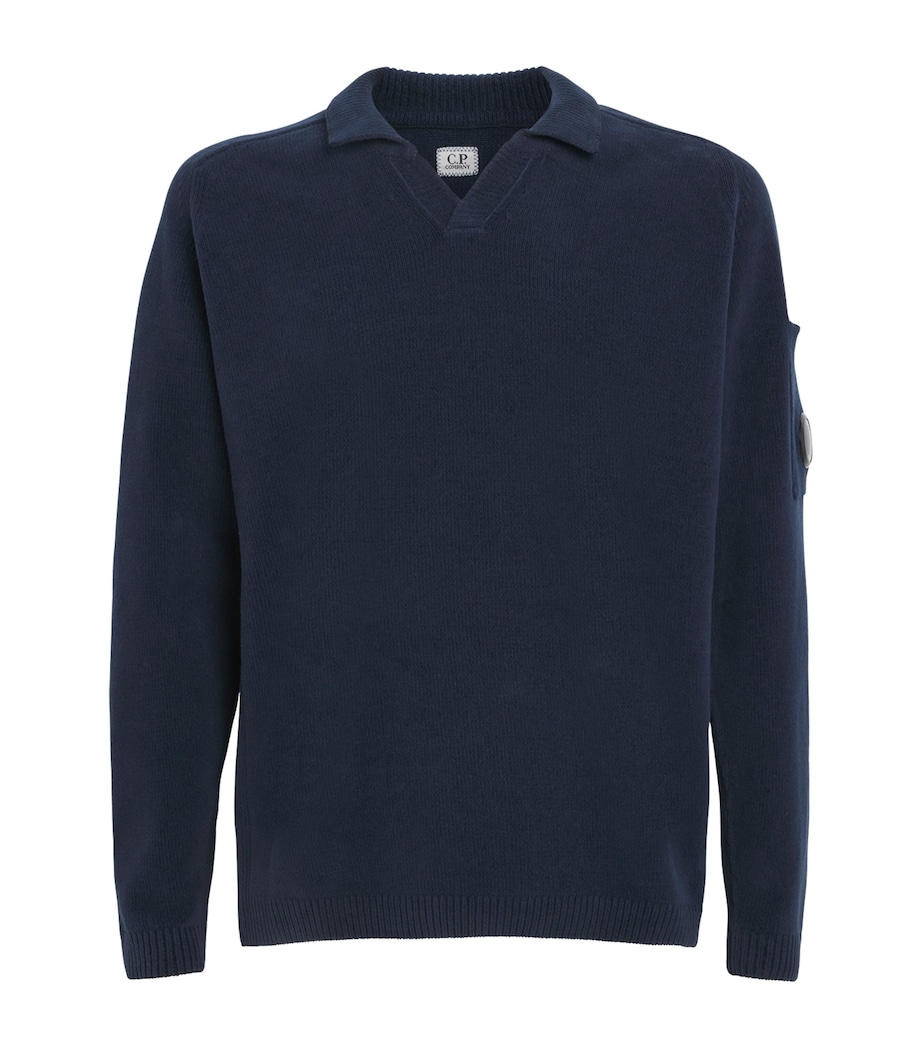 C.P. Company Mens Cotton Chenille Lens Polo Sweater Midnight Navy Image 1