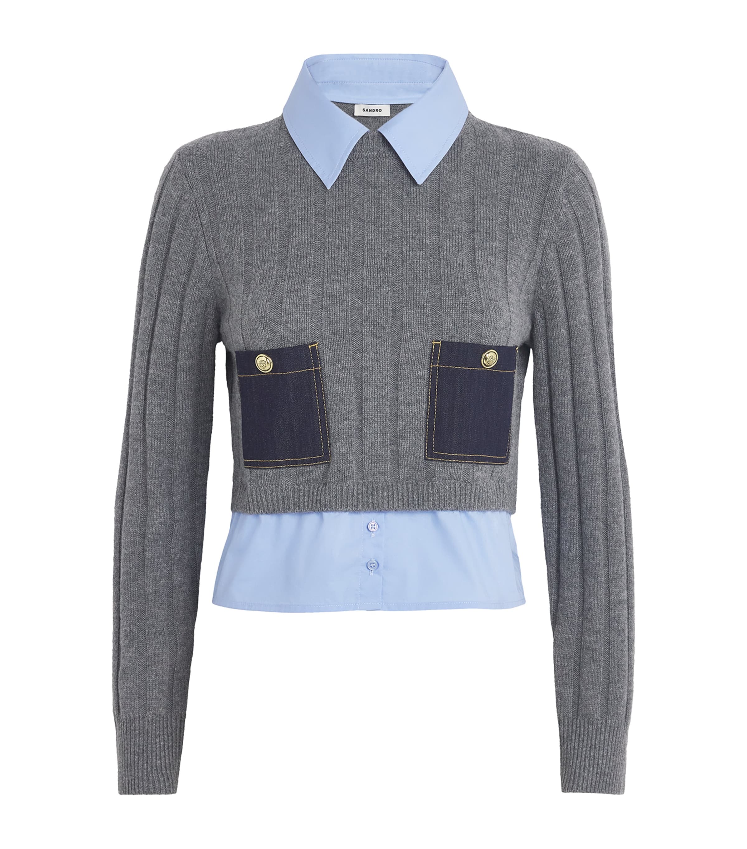 Sandro Wool-cashmere Poplin-trim Sweater In Black