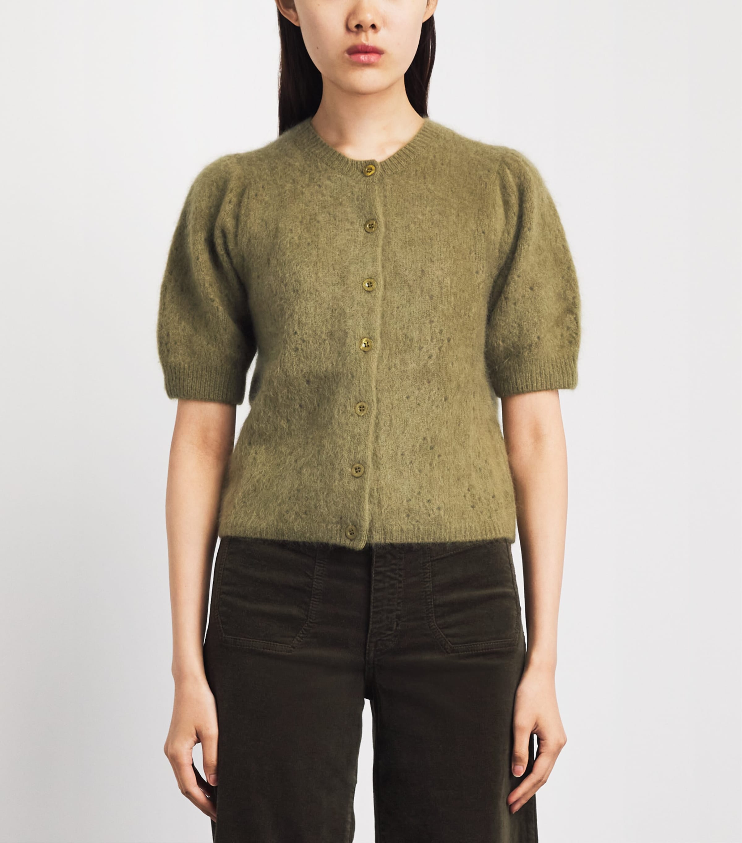 FRAME Womens Cashmere Short-Sleeve Cardigan Deep Olive Image 4