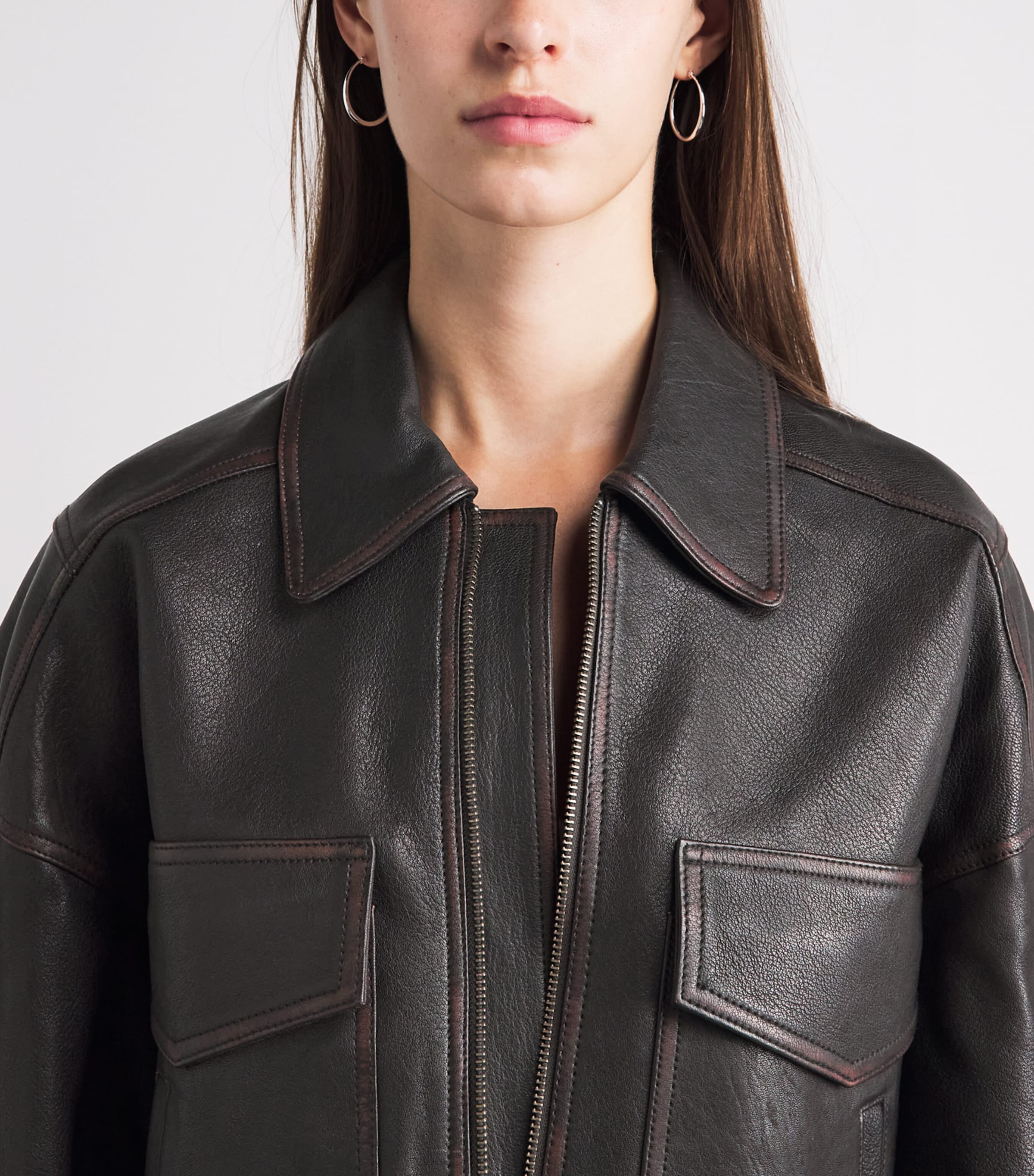 STAUD Womens Eugene Distressed Leather Jacket Dstb Distressed Brwn Image 3